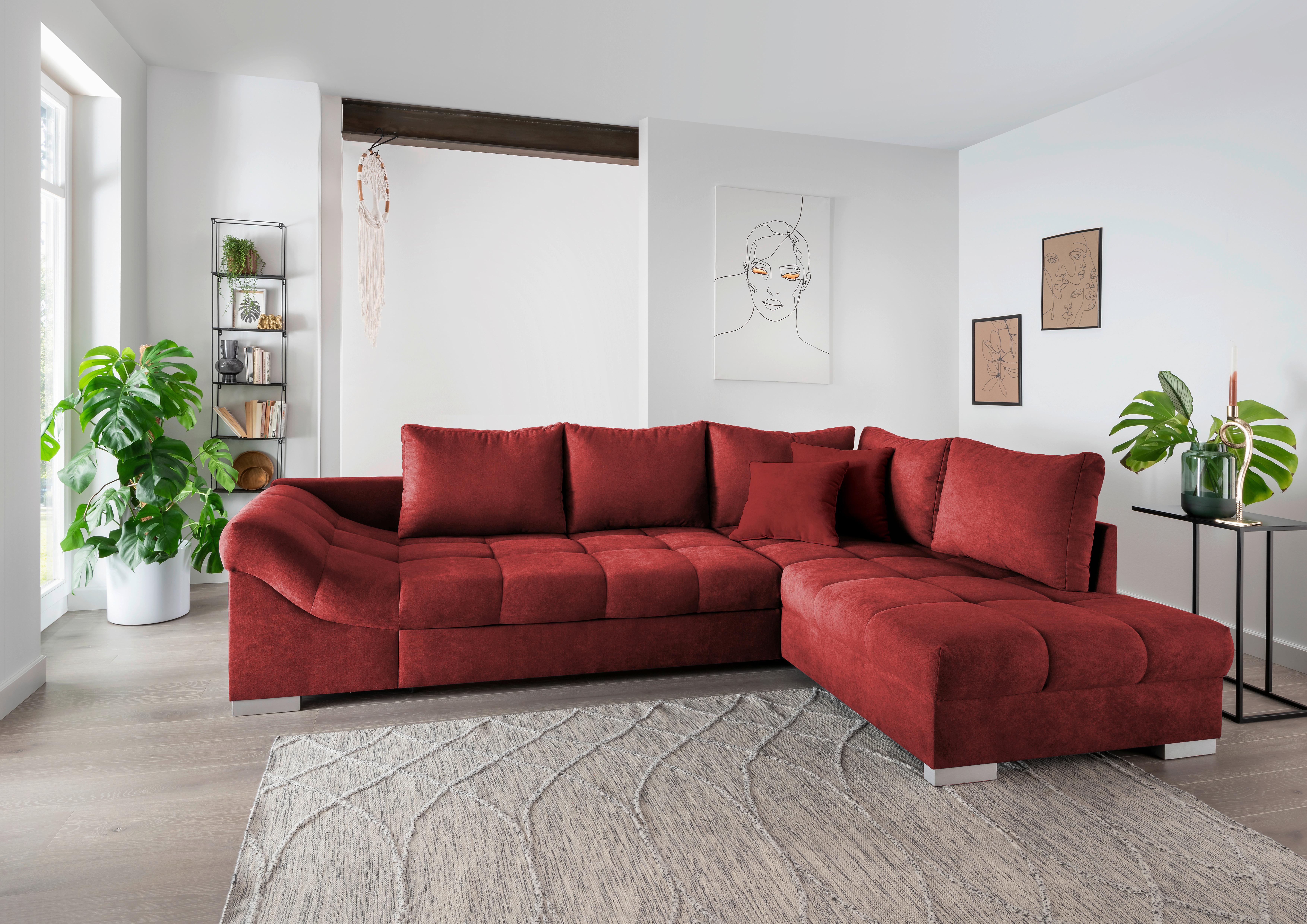Wohnlandschaft Alvito Rot Nylon/Mikrofaser - Rot/Silberfarben, Design, Holz/Textil (298/202cm) - MID.YOU