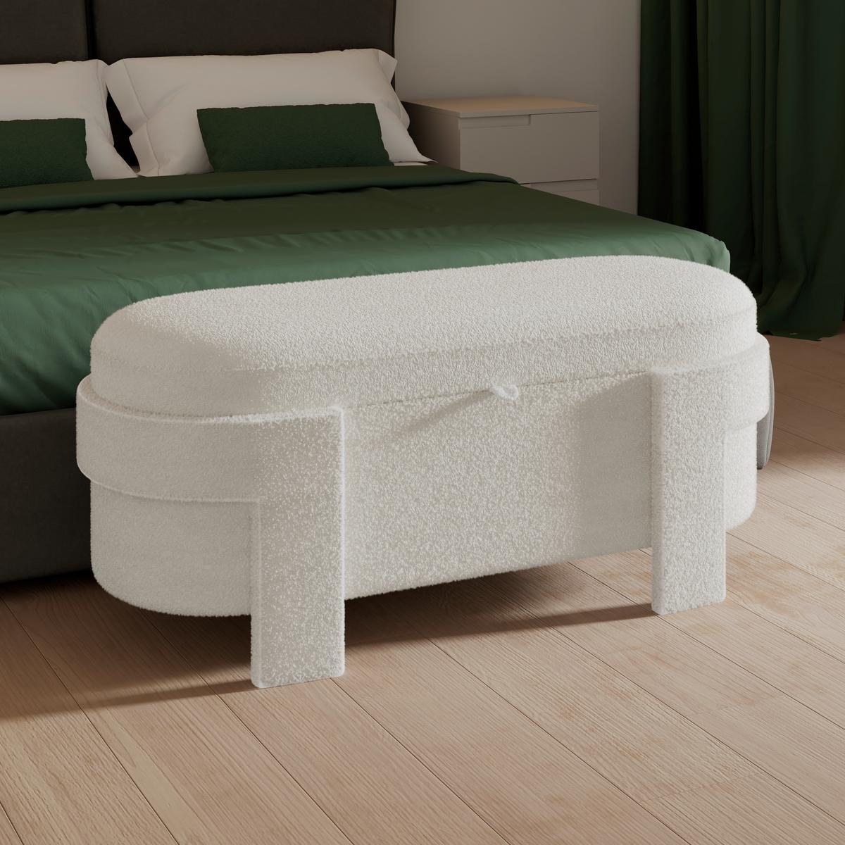 Hockerbank Benji Elfenbein Bouclé Gepolstert mit Stauraum - Elfenbein, MODERN, Holz/Textil (125/51/49cm) - Bessagi Home