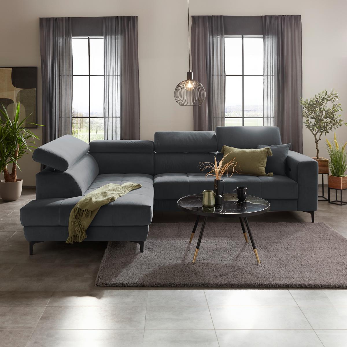 Ecksofa Emma links Blaugrau - Blaugrau/Schwarz, MODERN, Textil (210/301cm) - Premium Living