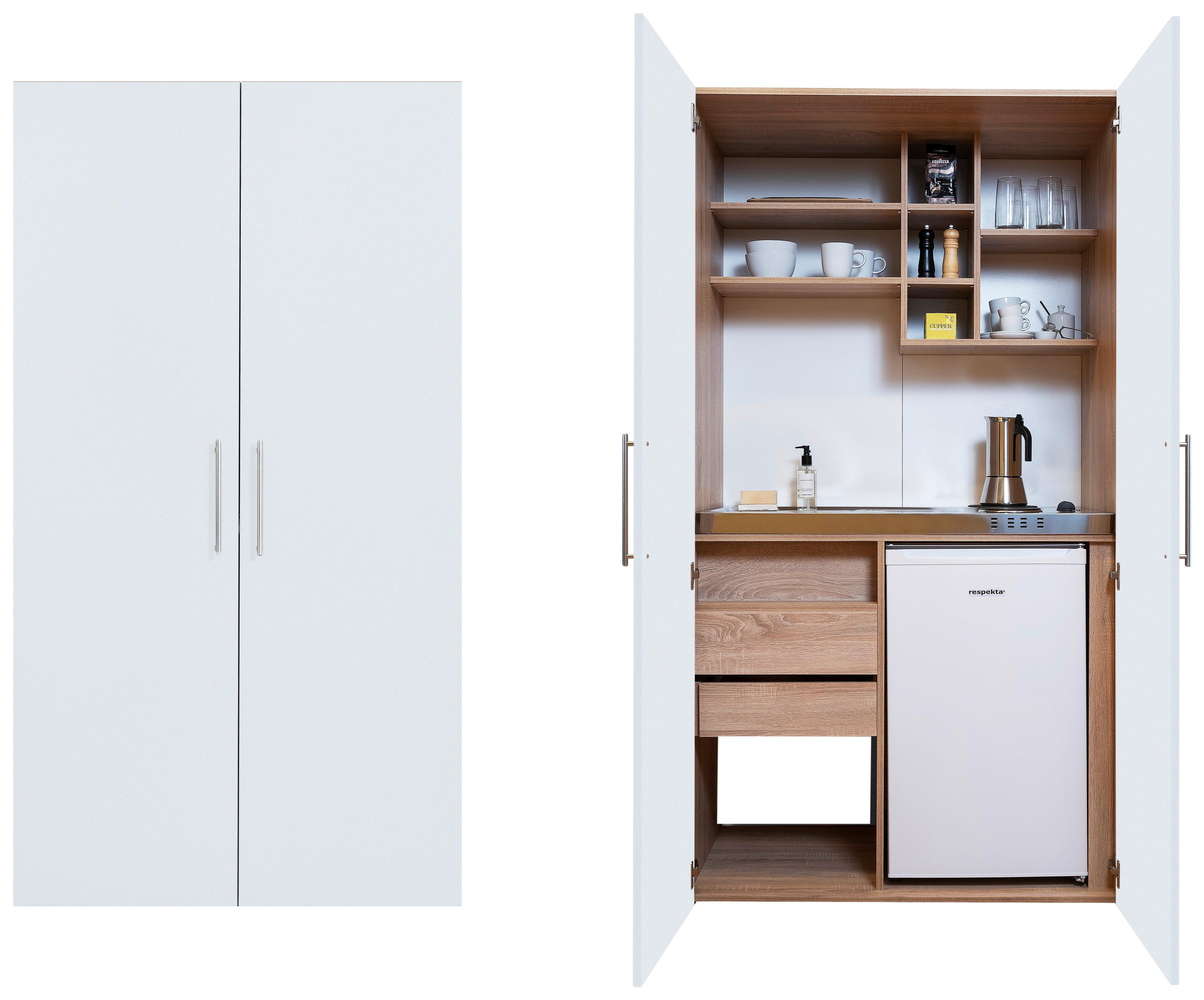 Schrankküche Weiß Kühlschrank + Kochfeld B: ca. 104 cm - Edelstahlfarben/Eichefarben, KONVENTIONELL, Holzwerkstoff/Metall (104/193/67cm) - Respekta