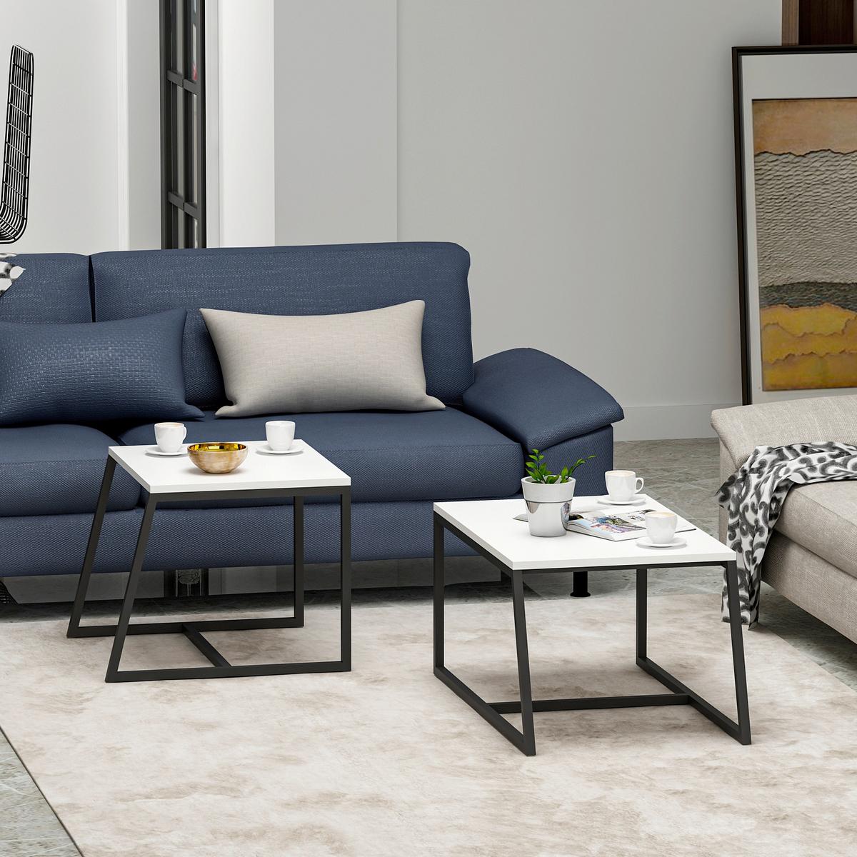 Couchtischset Minimal Couchtisch - Weiss/Schwarz, Design, Holzwerkstoff/Metall (75-55/38-45/50-47cm) - Livetastic