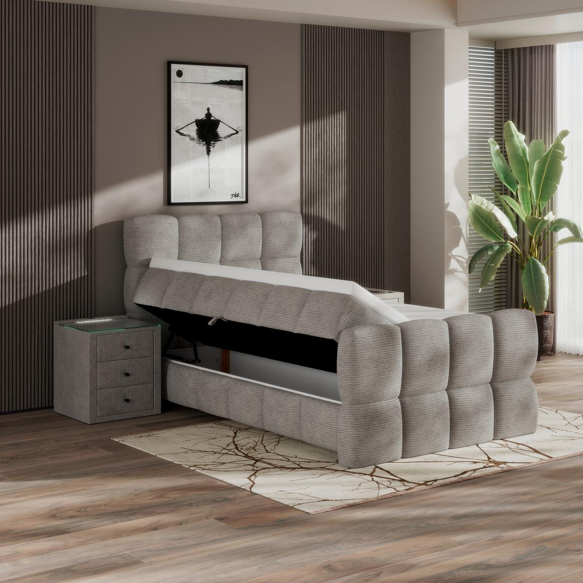 Postelja Boxspring Brisbane, Ekru Barva, 140x200 - črna/ekru, Trend, kovina/umetna masa (140/200cm) - Premium Living