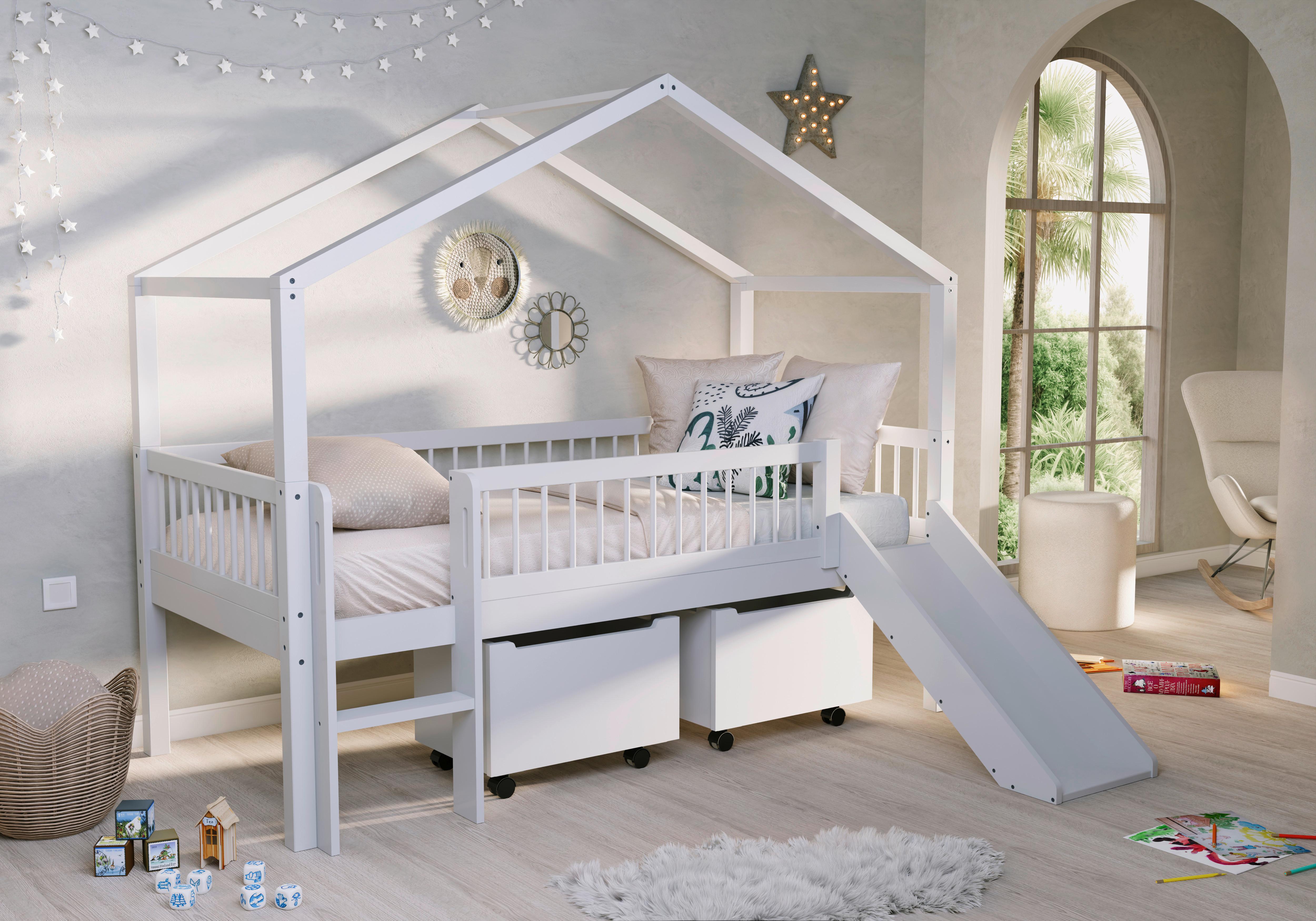 Hausbett FORREST Weiß ca.90x200cm Rutsche, Bettladen - Naturfarben/Weiß, MODERN, Holz (90/200cm) - Vipack