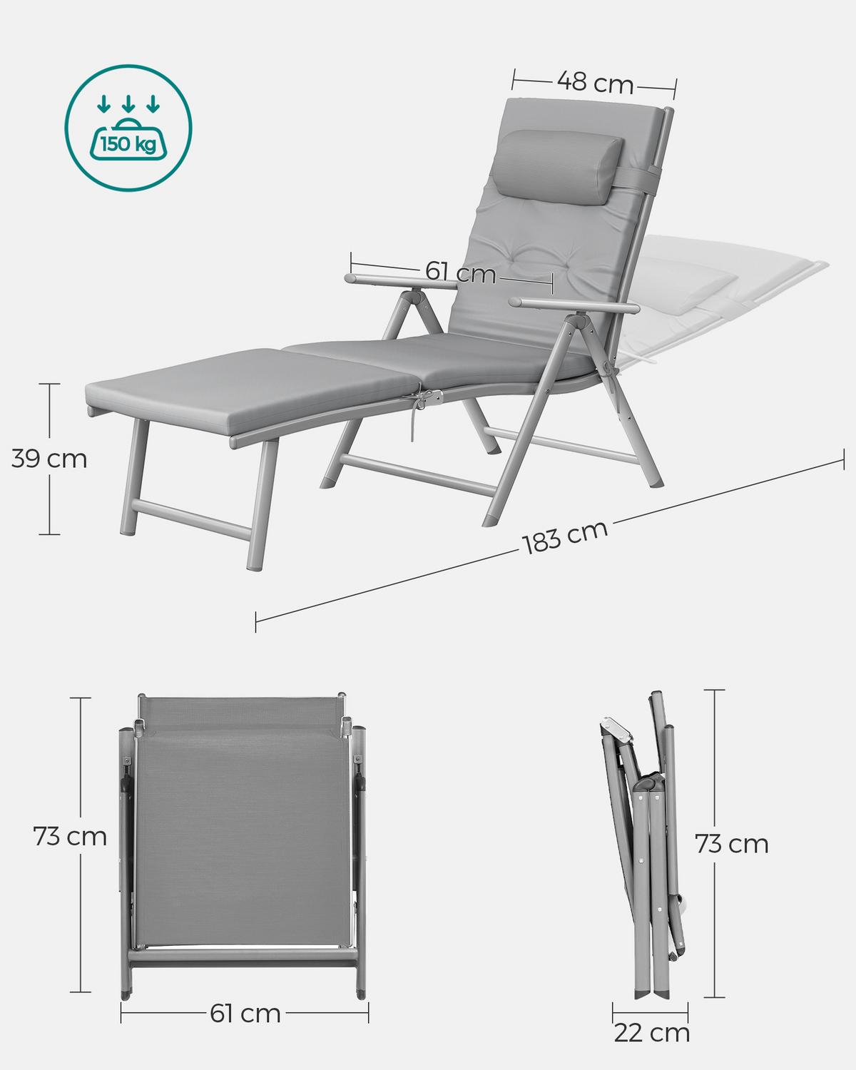 Sonnenliege 6cm dicke Matratze Grau - Grau, Basics, Textil/Metall (61/39/183cm) - Modante