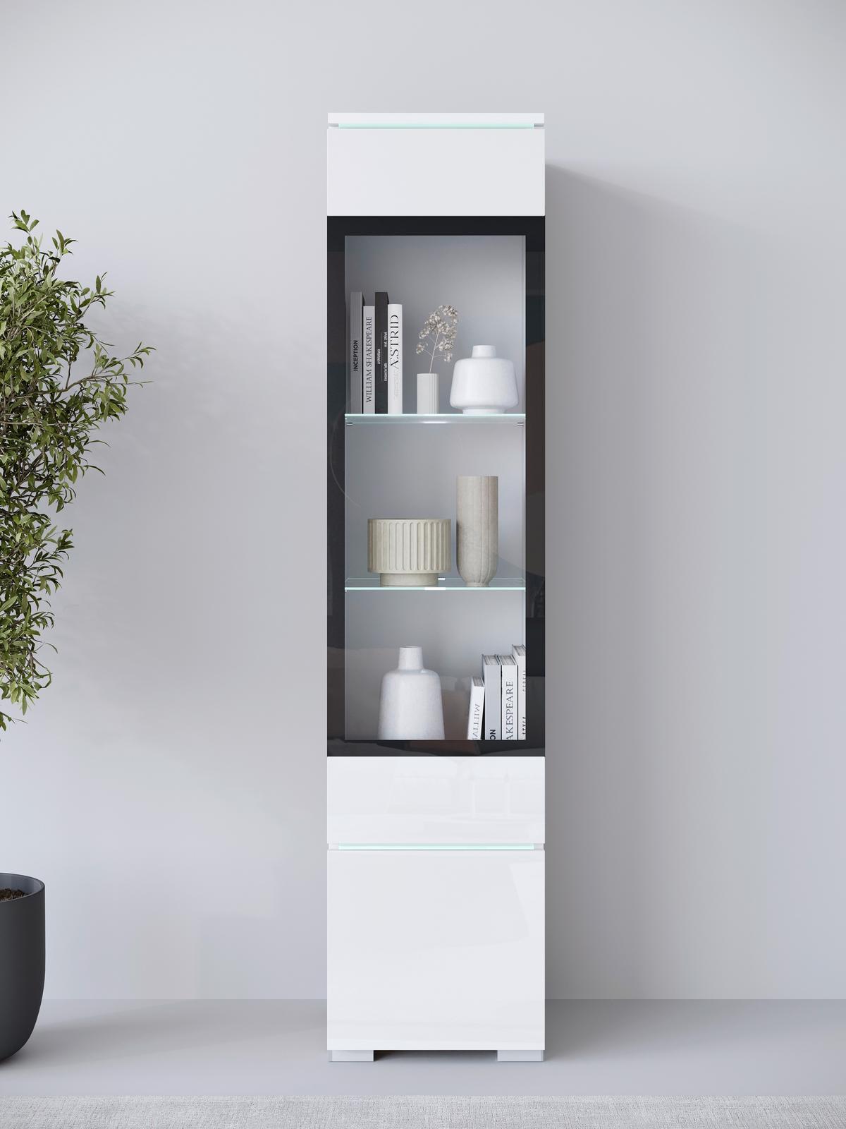 Vitrina Vera 002, Bela - siva/bela, Design, umetna masa/steklo (30/130/33cm) - Livetastic