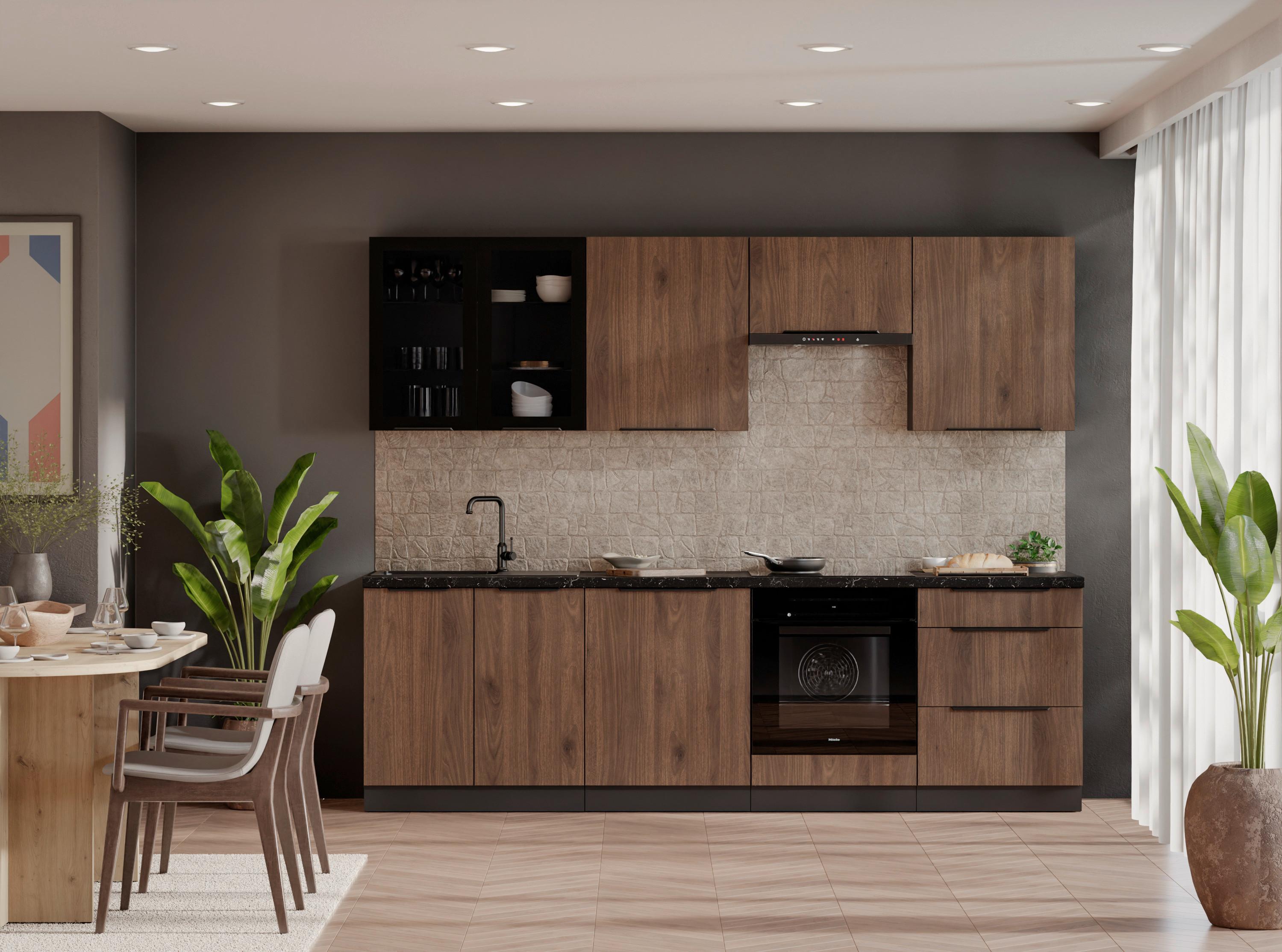 Blok Kuhinja Monza - boje oraha/crna, Moderno, staklo/drvni materijal (260/210/60cm) - Modern Living