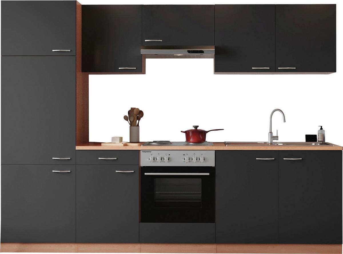 Küchenblock Gerda mit Geräten ca. 270 cm Grau - Buchefarben/Alufarben, Basics, Holzwerkstoff/Kunststoff (270cm) - Respekta