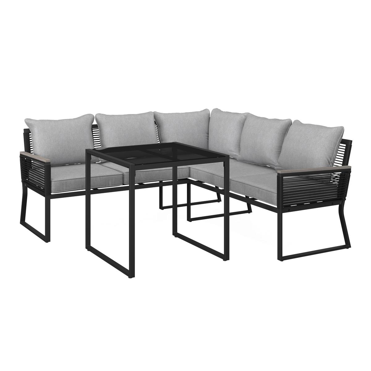 Dining-Loungeset Paulina Hellgr. Metall/Textil +Abdeck. - Hellgrau/Schwarz, Modern, Glas/Kunststoff (181/73/65cm) - Bessagi Garden