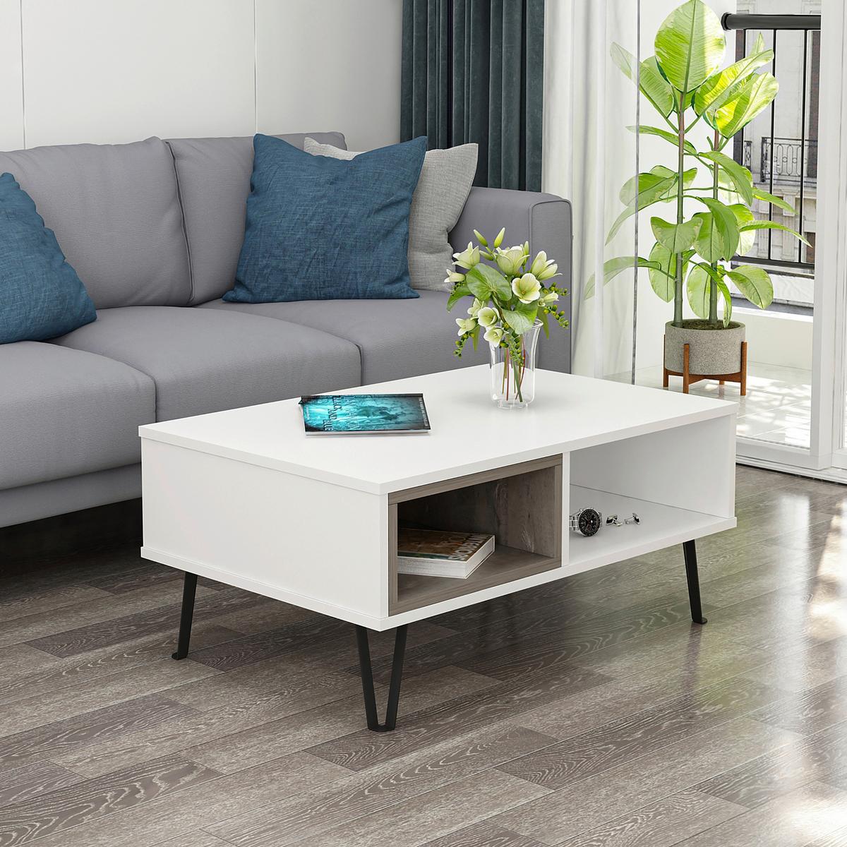 Couchtisch "Mendoz" Weiß, Eiche dunkel - Schwarz/Weiß, Design, Holzwerkstoff/Metall (90/60/41,1cm) - Livetastic