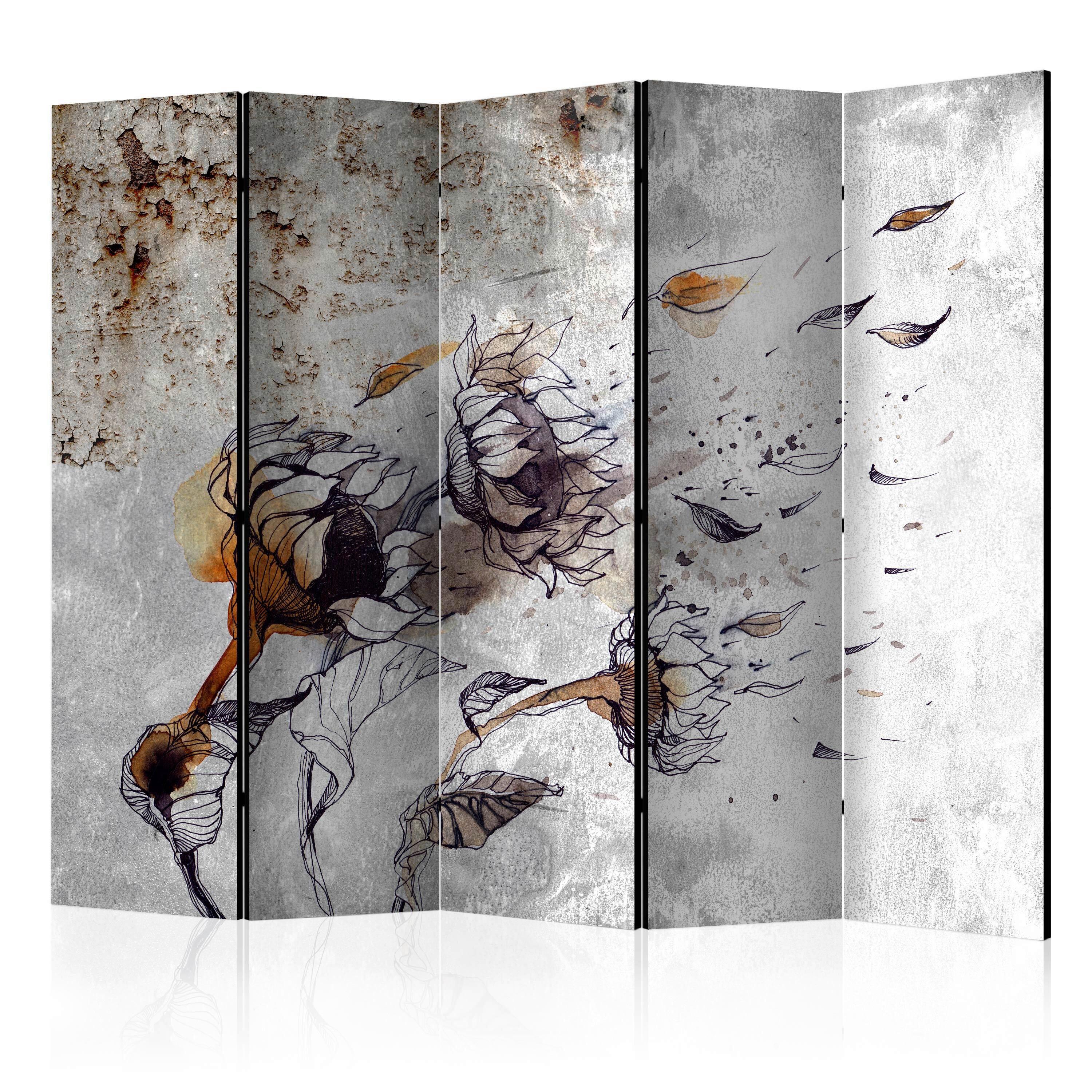 Paravan Recall Sunflowers I, 5-Delni, Dvostranski - siva/rjava, Basics, tekstil/les (225/172/3cm) - artgeist