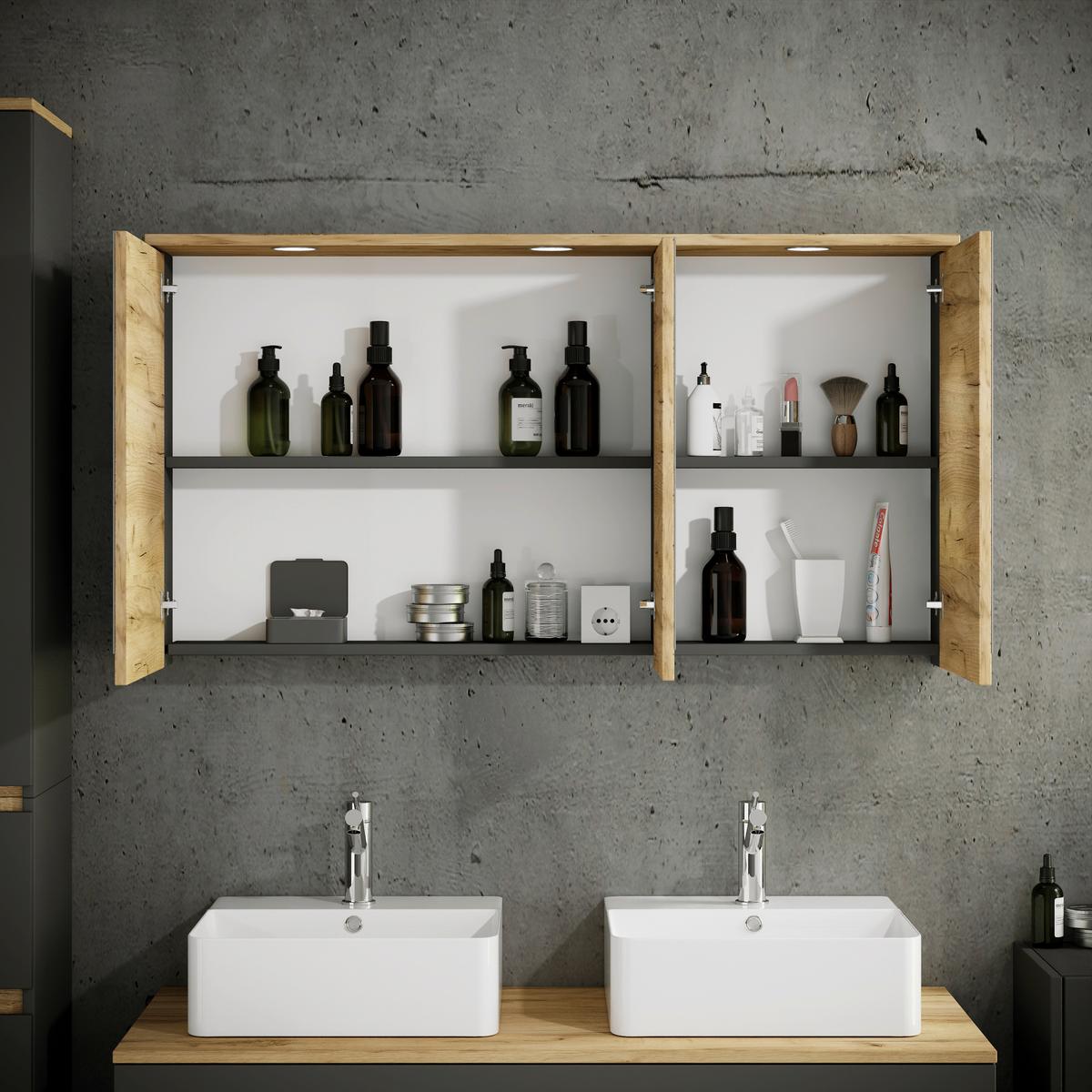 Spiegelschrank Cosila - Honigeiche/Anthrazit, Trend, Glas/Holzwerkstoff (110/59/23cm) - MID.YOU