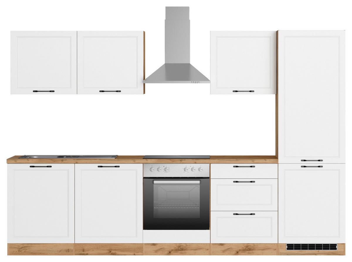 Küchenzeile Meran mit Geräten ca. 300 cm Weiß/Eiche - Eiche Wotan/Schwarz, LIFESTYLE, Holzwerkstoff/Metall (300cm) - Held