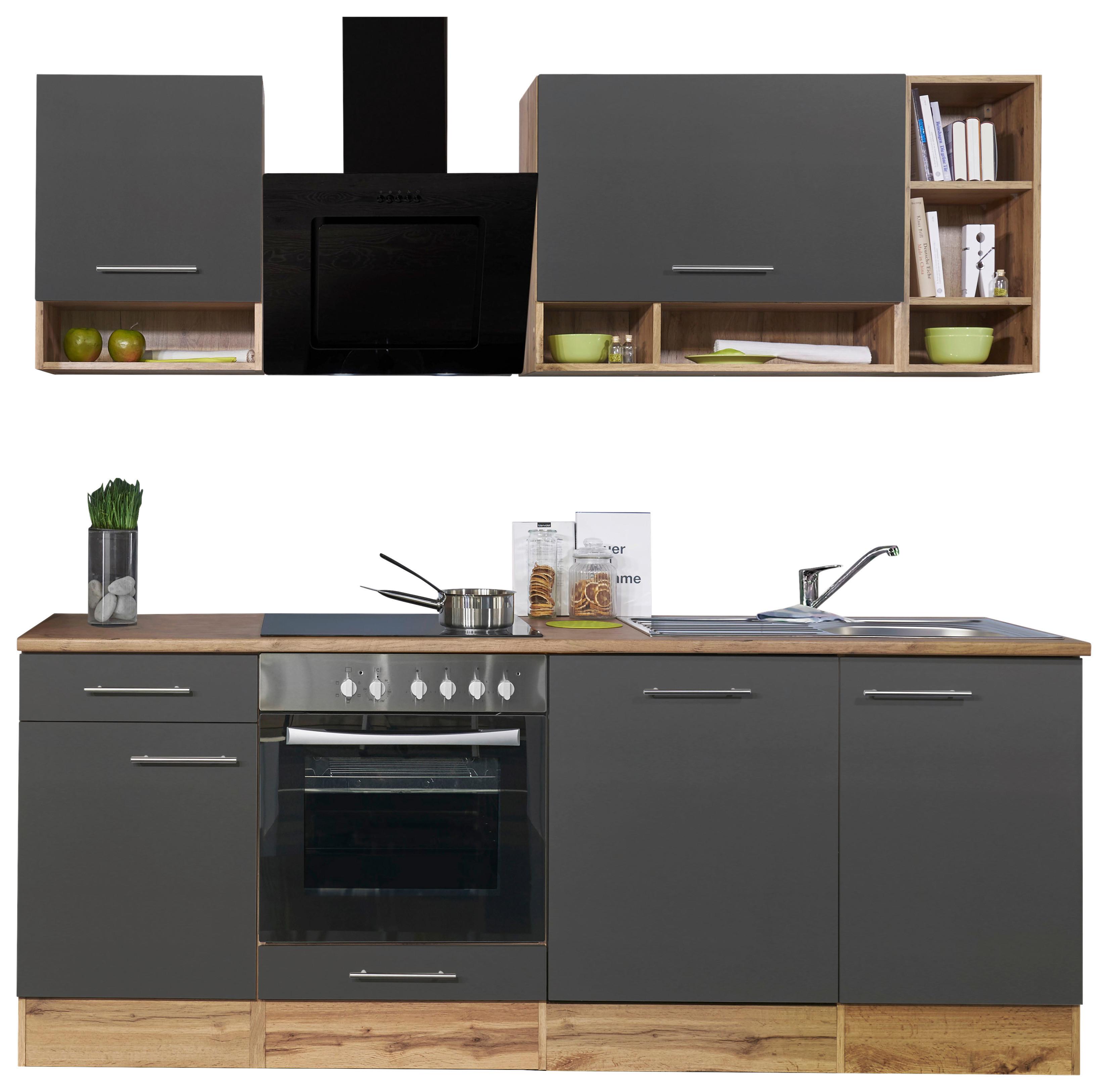 Küchenzeile ohne Geräte B: 220 cm Grau/Wildeiche - Wildeiche/Silberfarben, Basics, Holzwerkstoff/Metall (220cm) - Respekta
