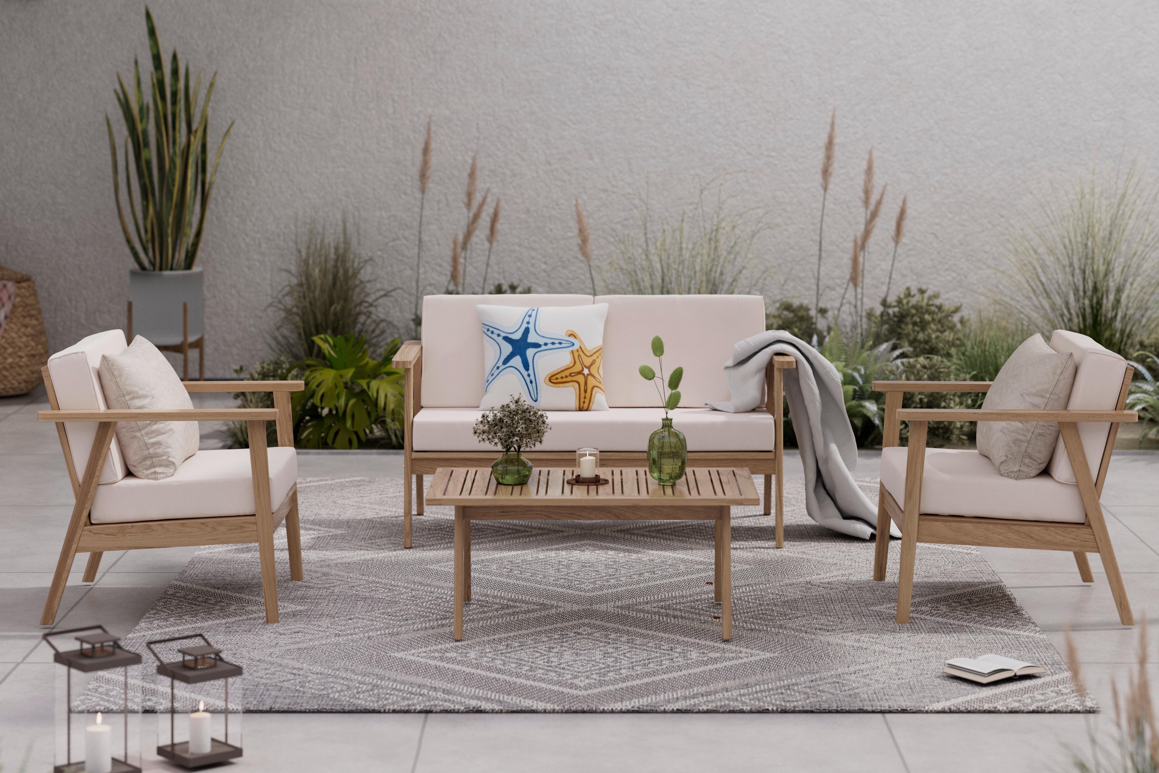 ZESTAW OGRODOWY SYLVIA - beżowy/kolor drewna tekowego, Modern, drewno/tkanina (130/72/90/75/75/38/71/71/55cm) - Ambia Garden