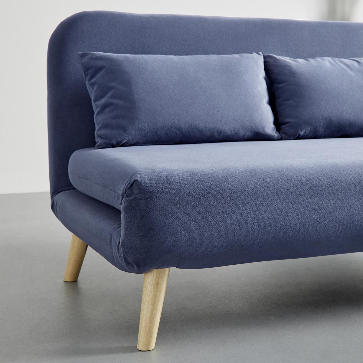 Sofa mit Schlaffunktion blau, "Linn", Samt - Blau/Naturfarben, Modern, Holz/Textil (132/87/78cm) - Bessagi Home