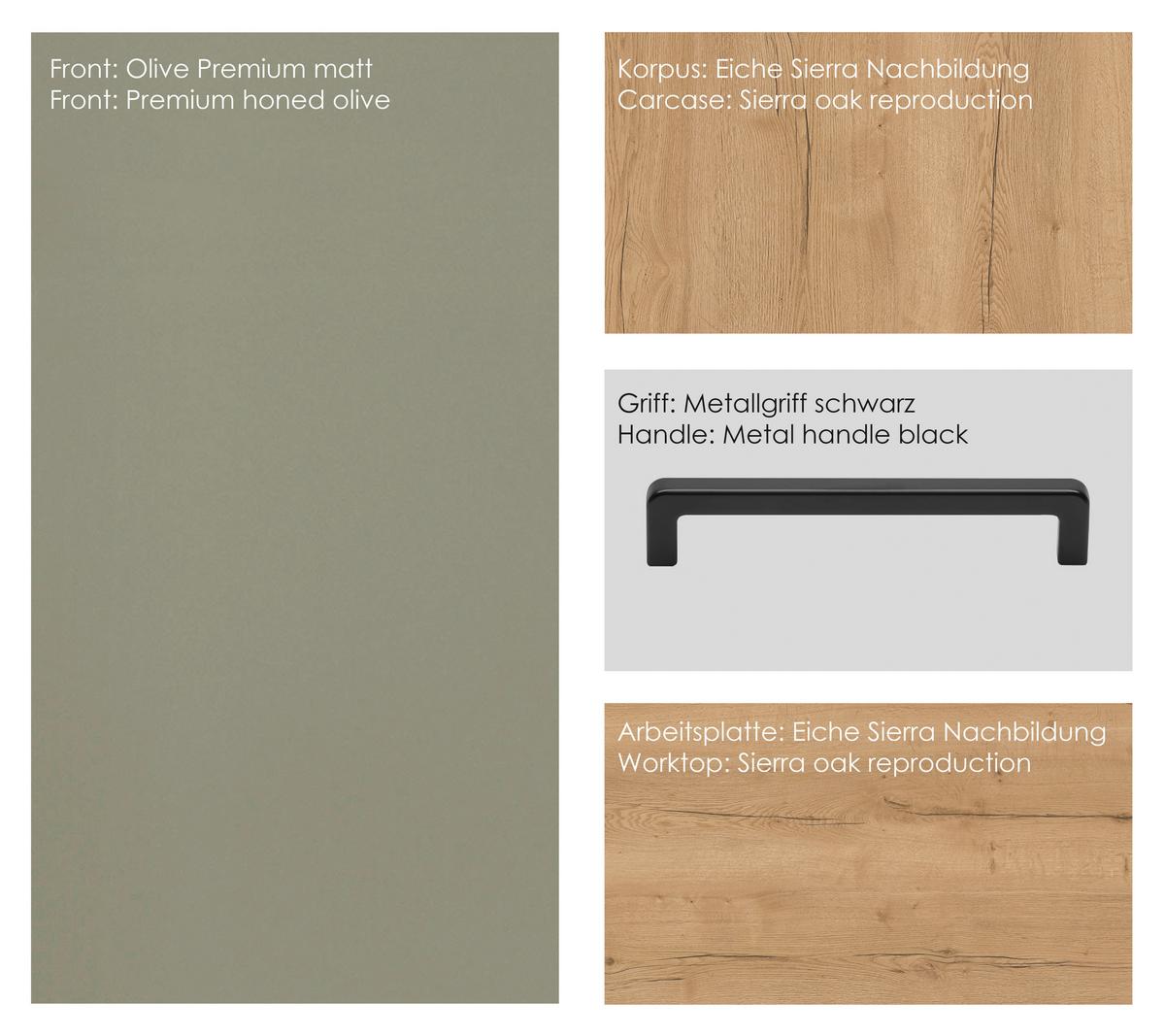 Küchenleerblock Senso Low o. Geräte Olivgrün - Eichefarben/Schwarz, MODERN, Holzwerkstoff/Metall (300cm) - Nobilia