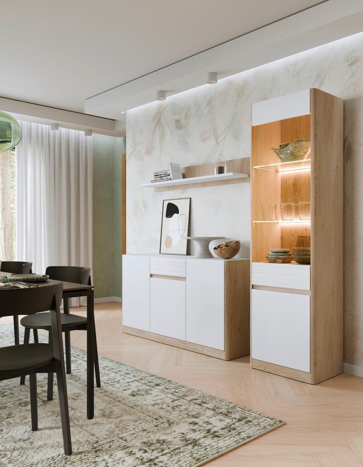 Vitrină CALIMA - alb/culoare lemn stejar, Konventionell, sticlă/material pe bază de lemn (55,8/200,5/40,3cm) - Modern Living