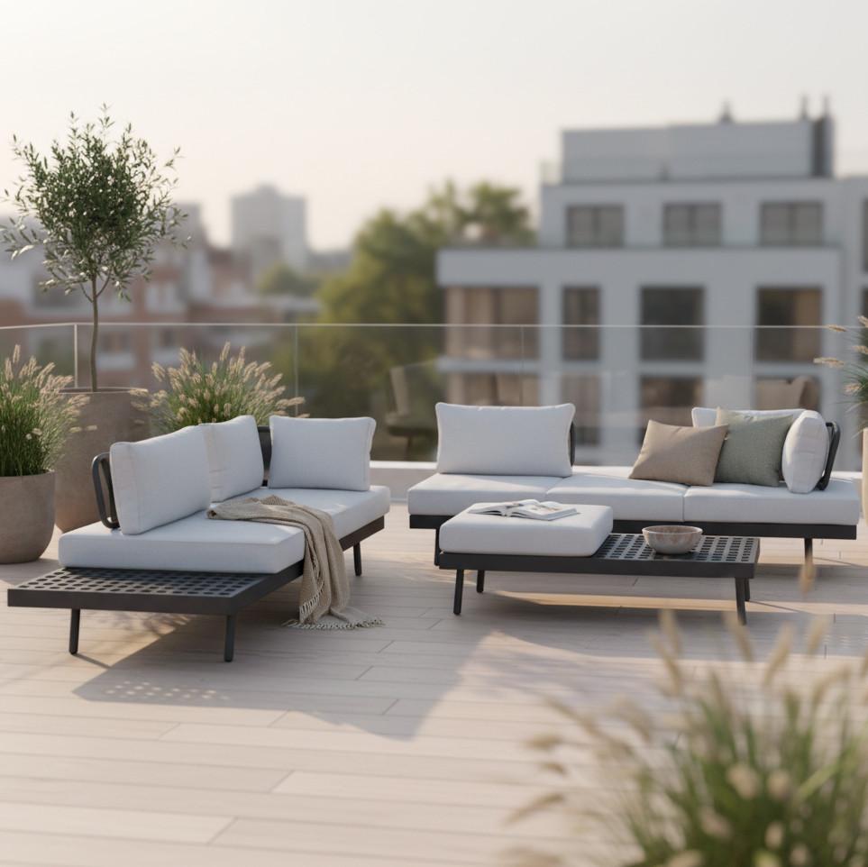 Loungegarnitur-Set Emma Grau Outdoorstoff/Metall - Dunkelgrau, MODERN, Holz/Metall (220/79/87cm) - Bessagi Garden