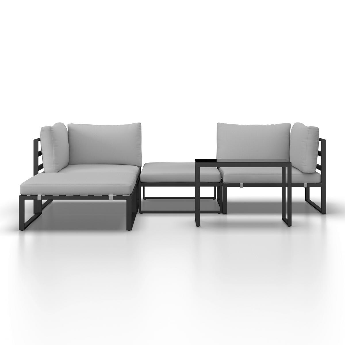 Loungegarnitur Valentina Grau Metall/Outdoorstoff +Abdeckung - Schwarz/Grau, MODERN, Glas/Textil (90/65/74cm) - Bessagi Garden