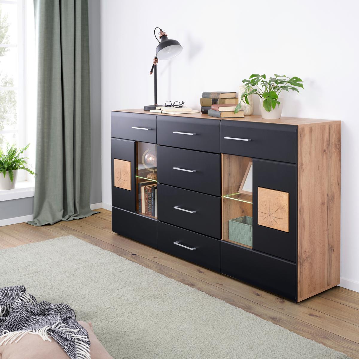 Sideboard Sonate in Schwarz/Eichefarben - Chromfarben/Eichefarben, KONVENTIONELL, Glas/Holzwerkstoff (170/93/40cm) - Mömax