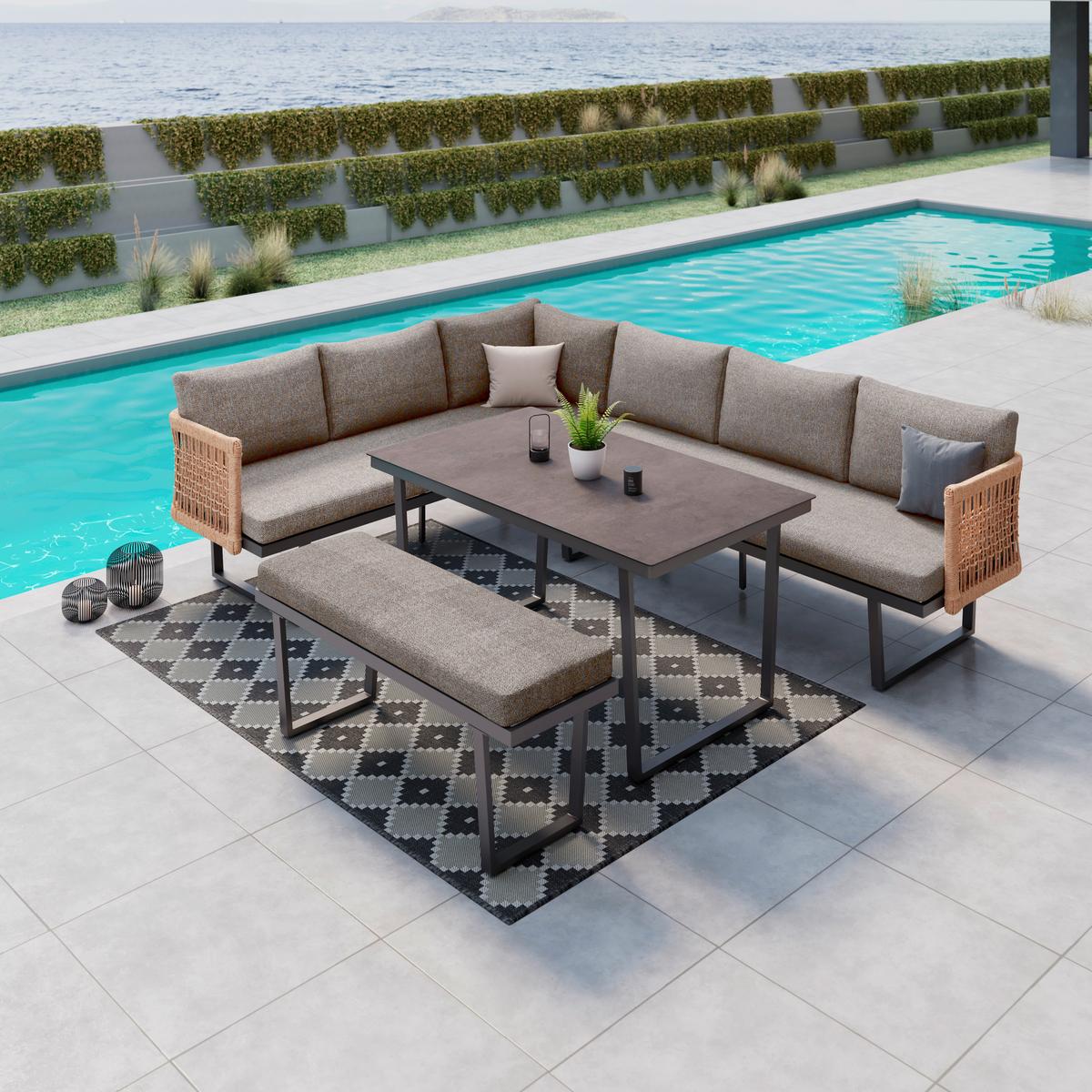 Loungegarnitur Emmi Anthrazit/Grau, 4-teilig - Anthrazit/Braun, MODERN, Glas/Kunststoff (256/68/68cm) - Mömax