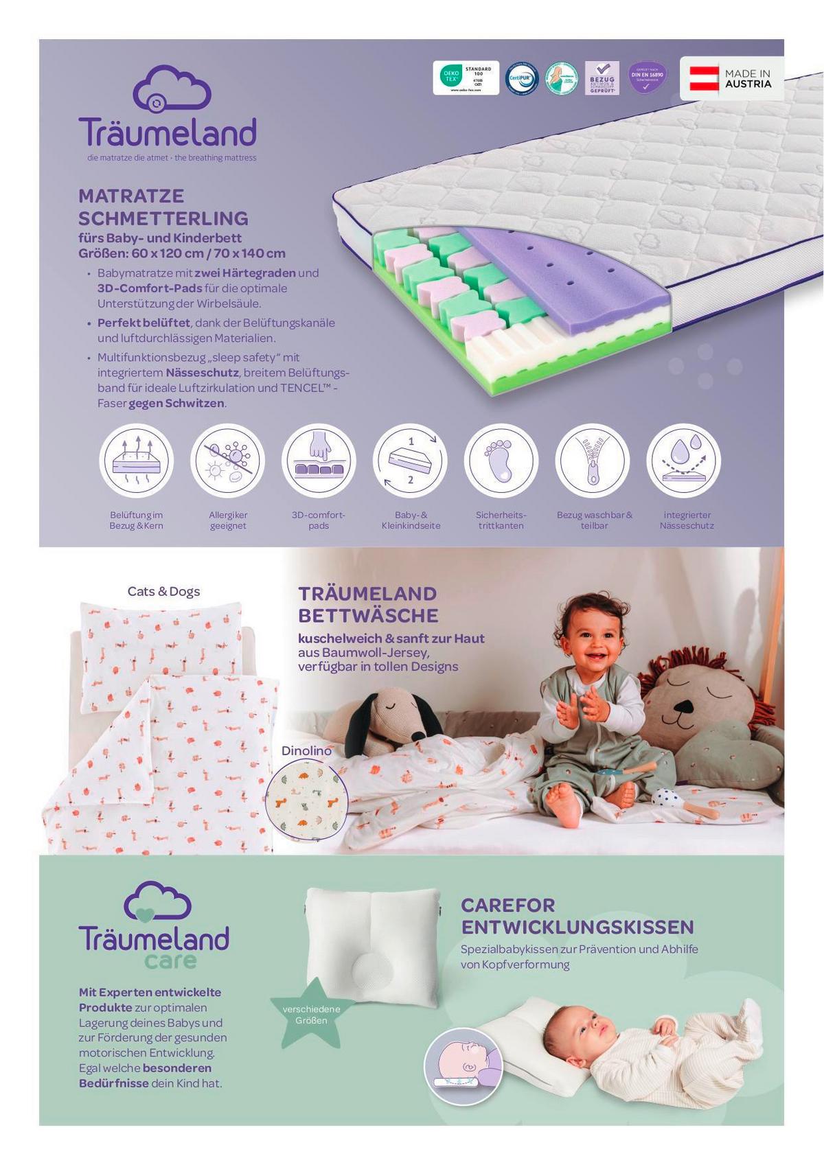 MATERAC DZIECIĘCY T014782 - fioletowy/biały, Basics, tkanina (140/70/11cm) - Träumeland