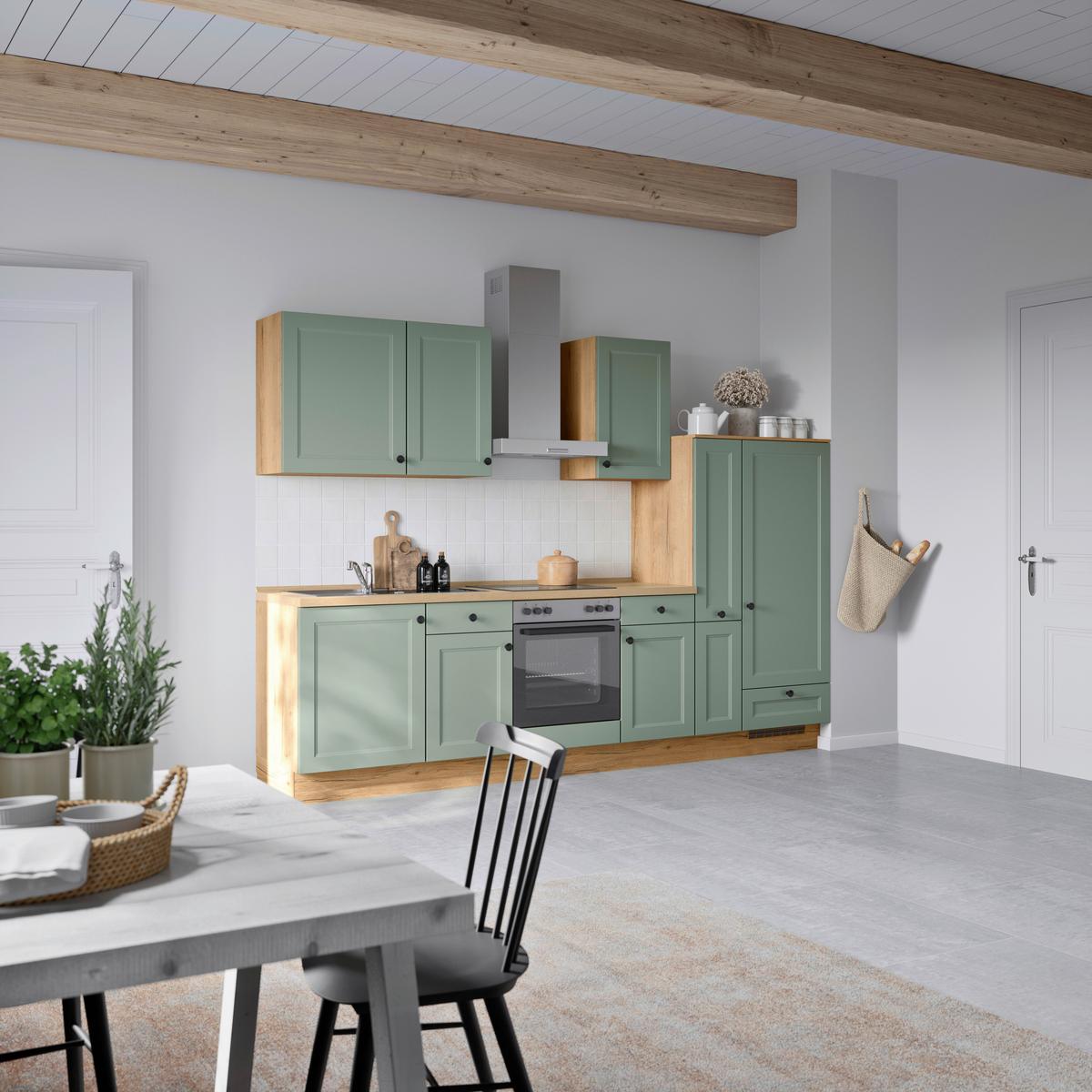 Küchenblock Cascada Low m. Geräten Schilfgrün - Schilfgrün/Eichefarben, MODERN, Holzwerkstoff/Metall (300cm) - Nobilia