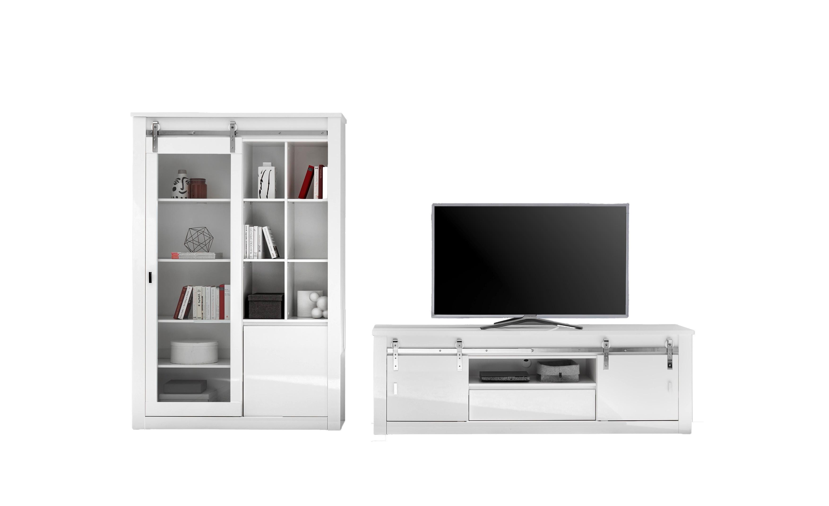 Wohnwand Daytona Weiß/Weiß Hochglanz - Chromfarben/Weiß Hochglanz, Design, Holzwerkstoff/Metall (349/200/43cm) - Livetastic