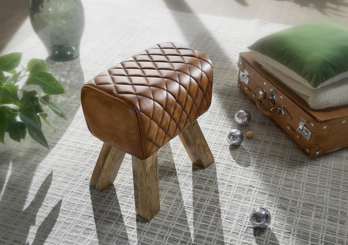 Tabure Hocker - naravne barve/rjava, Moderno, les/usnje (40/48/27cm) - MID.YOU
