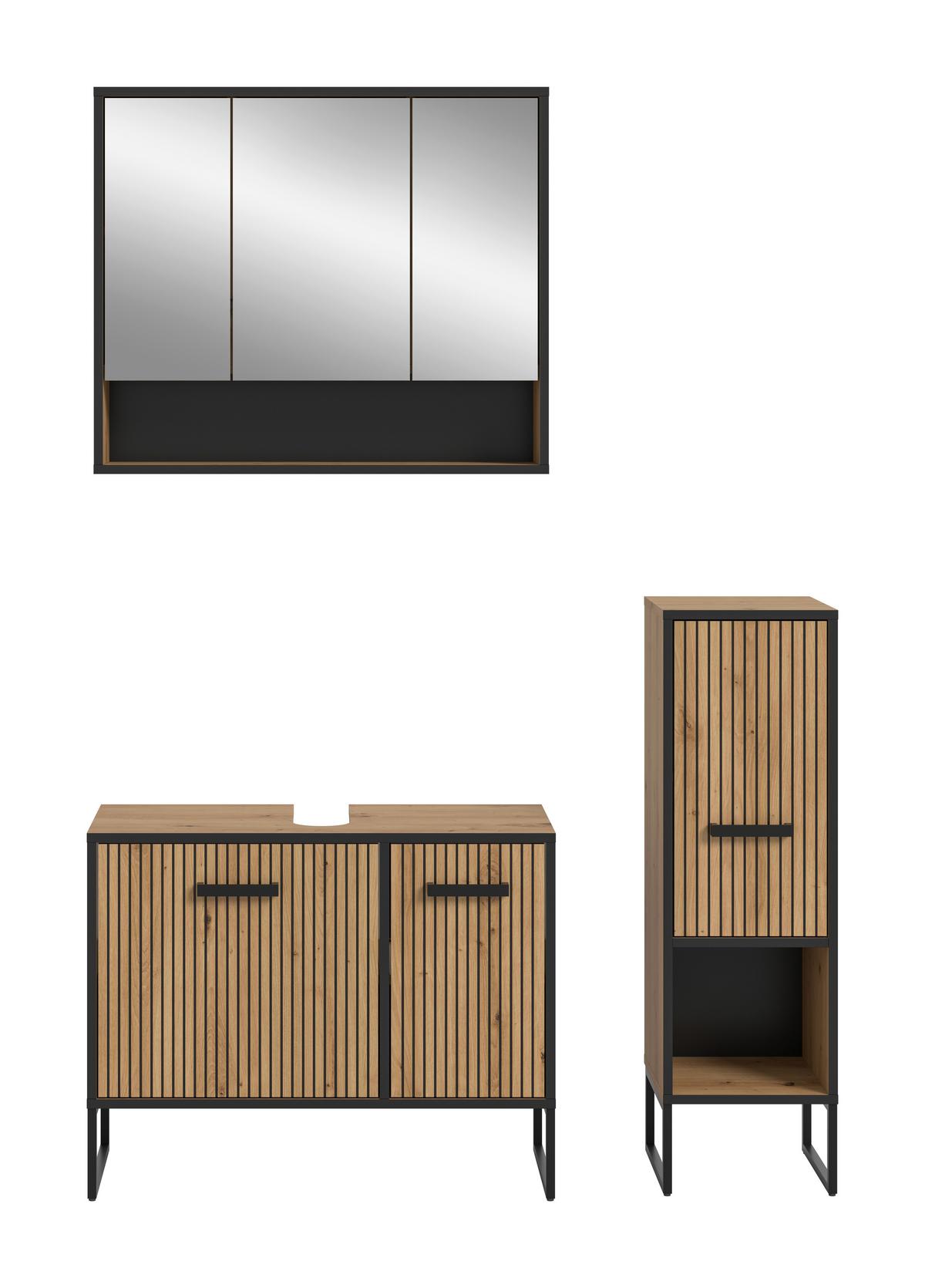 Badezimmer Bagno 3-tlg. Eiche Artisan/Schwarz - Schwarz/Eiche Artisan, Trend, Glas/Holzwerkstoff (110cm) - MID.YOU