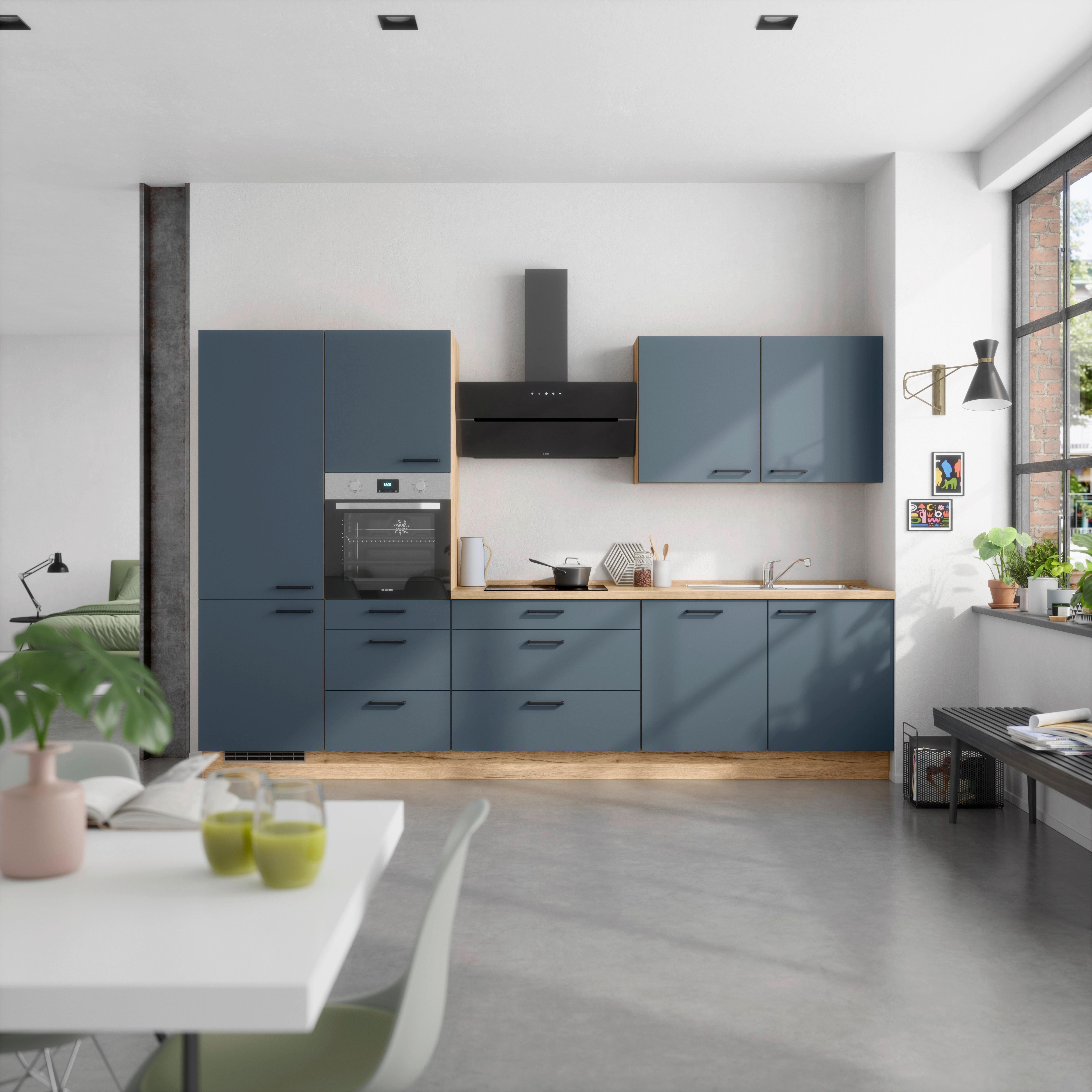 Küchenblock Easytouch High m. Geräten Dunkelblau - Eichefarben/Schwarz, MODERN, Holzwerkstoff/Metall (330cm) - Nobilia