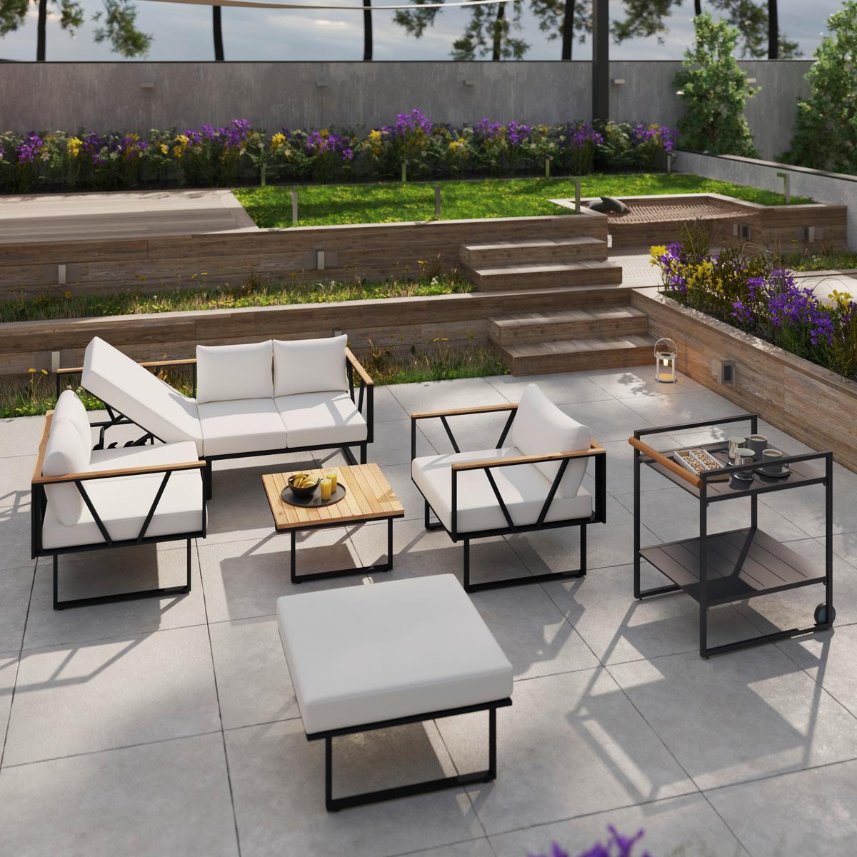 Loungegarnitur Loretta Creme Metall/Holz/Outdoorstoff - Creme/Schwarz, MODERN, Holz/Textil (80/75/80cm) - Bessagi Garden