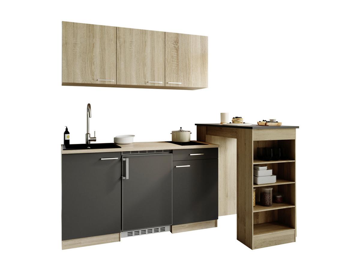 Miniküche Ingrid m. Geräten ca. 150cm Grau - Eichefarben/Alufarben, Design, Holzwerkstoff/Kunststoff (150cm) - Respekta
