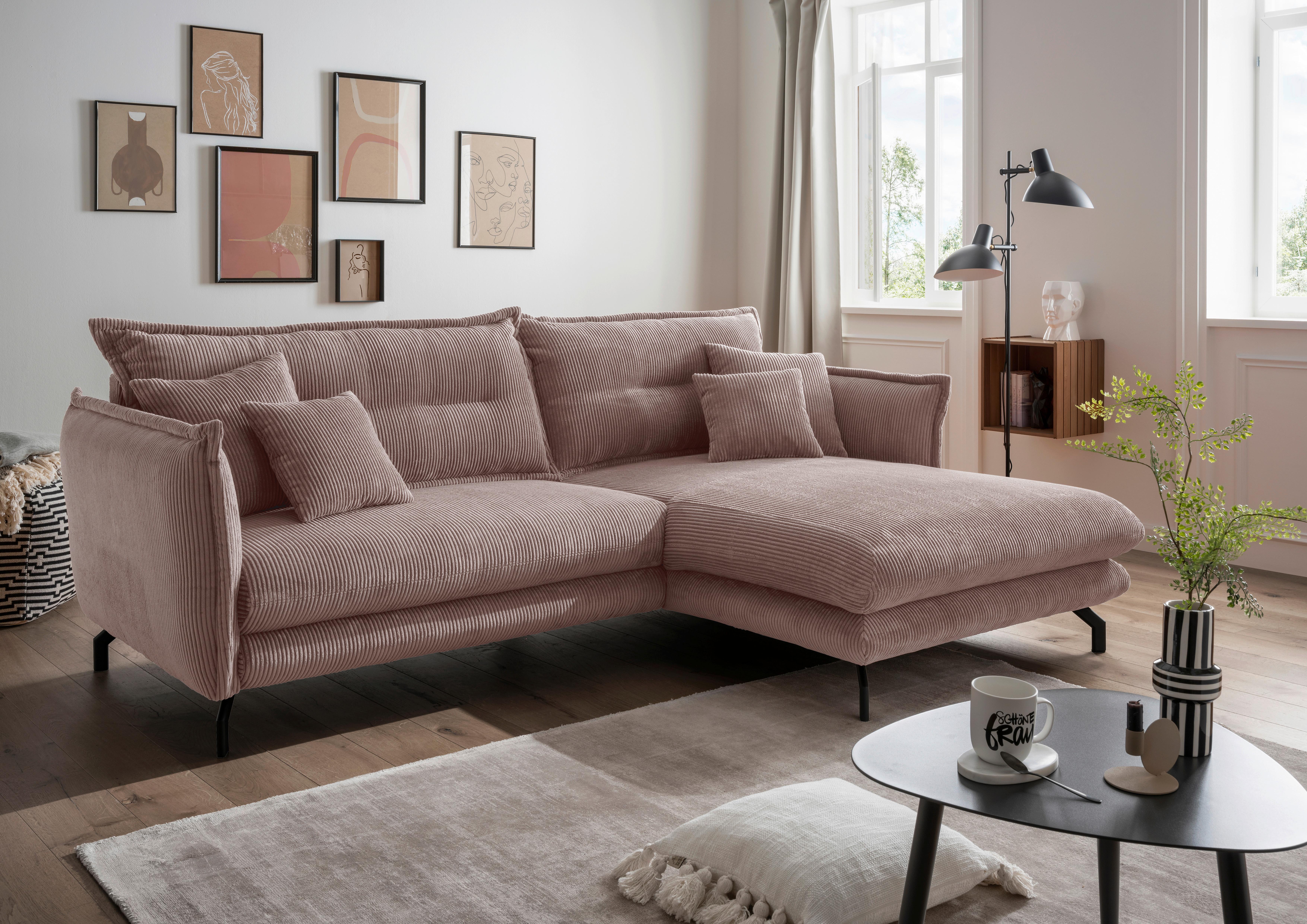 Wohnlandschaft Lava Rosa Cord - Schwarz/Rosa, MODERN, Textil/Metall (255/180cm) - Livetastic