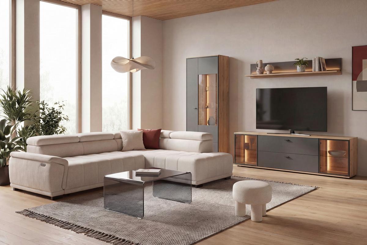 Ecksofa Gremio Rechts - Schwarz/Grauweiss, Modern, Kunststoff/Textil (283/206cm) - Premium Living