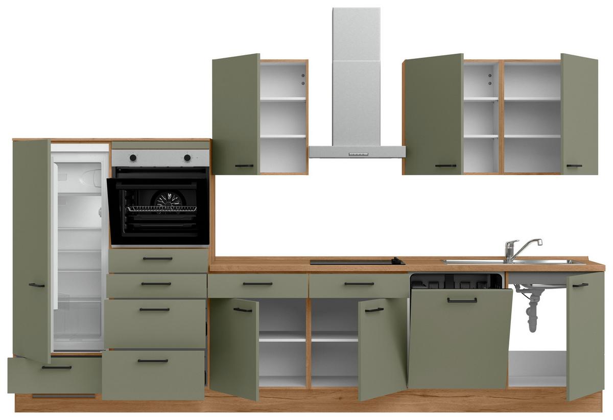 Küchenleerblock Senso Low o. Geräte Olivgrün - Eichefarben/Schwarz, MODERN, Holzwerkstoff/Metall (360cm) - Nobilia