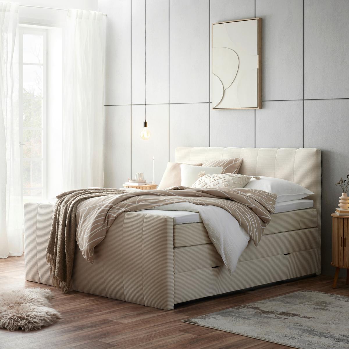 Boxspring Krevet Malaga - srebrne boje/bež, Konvencionalno, drvni materijal/tekstil (180/200cm) - Premium Living