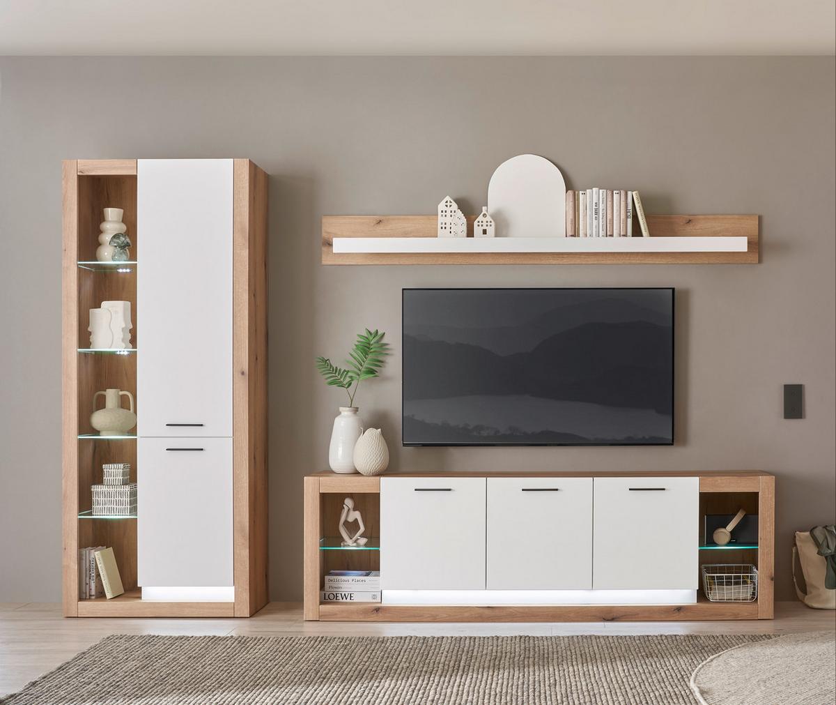 WOHNWAND BRIXEN - Eichefarben/Schwarz, Design, Glas/Holzwerkstoff (298/195/43cm) - MID.YOU