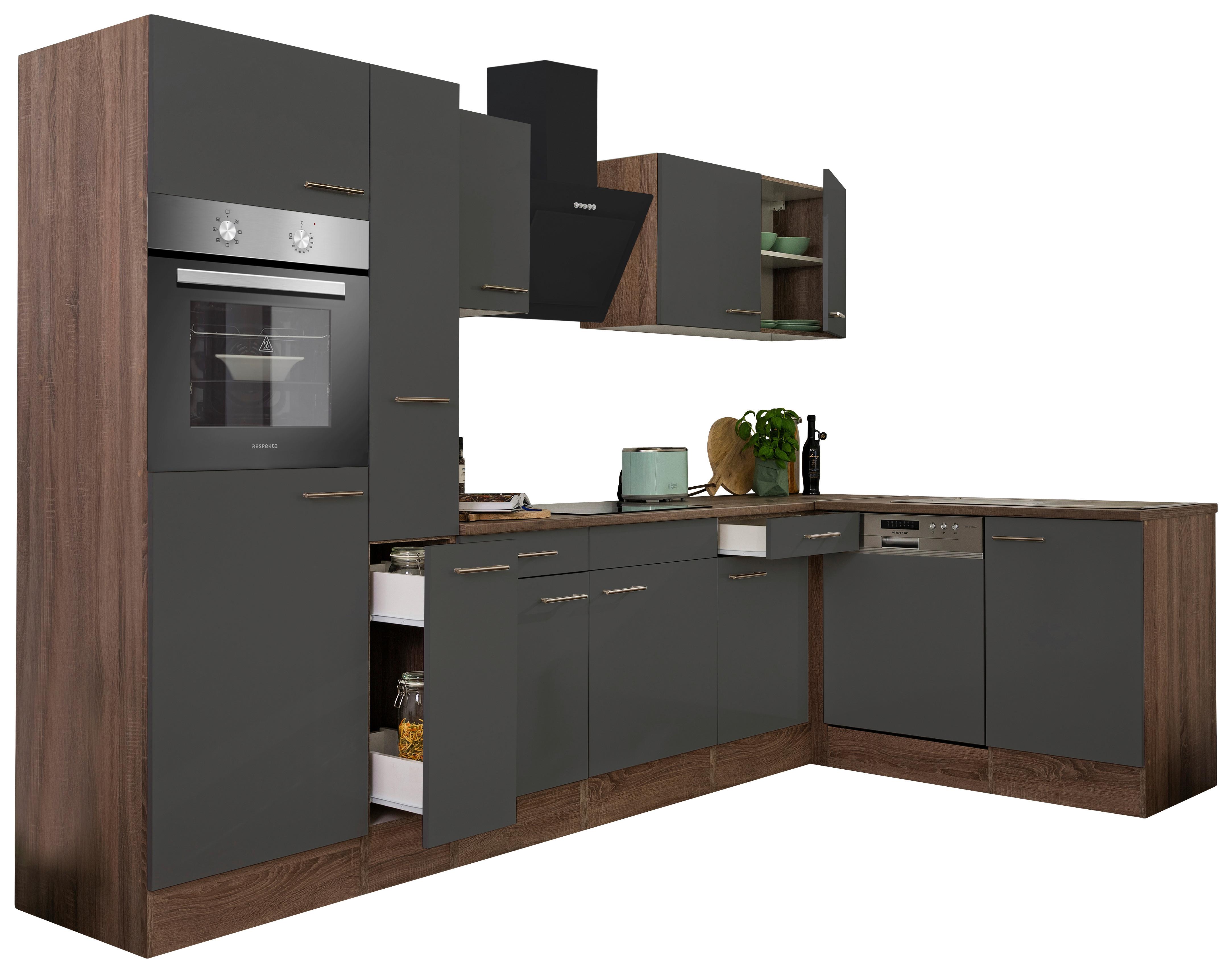 Eckküche Oliver mit Geräten ca. 310x172 cm Grau - Eichefarben/Grau, Basics, Holzwerkstoff/Metall (310/172cm) - Respekta