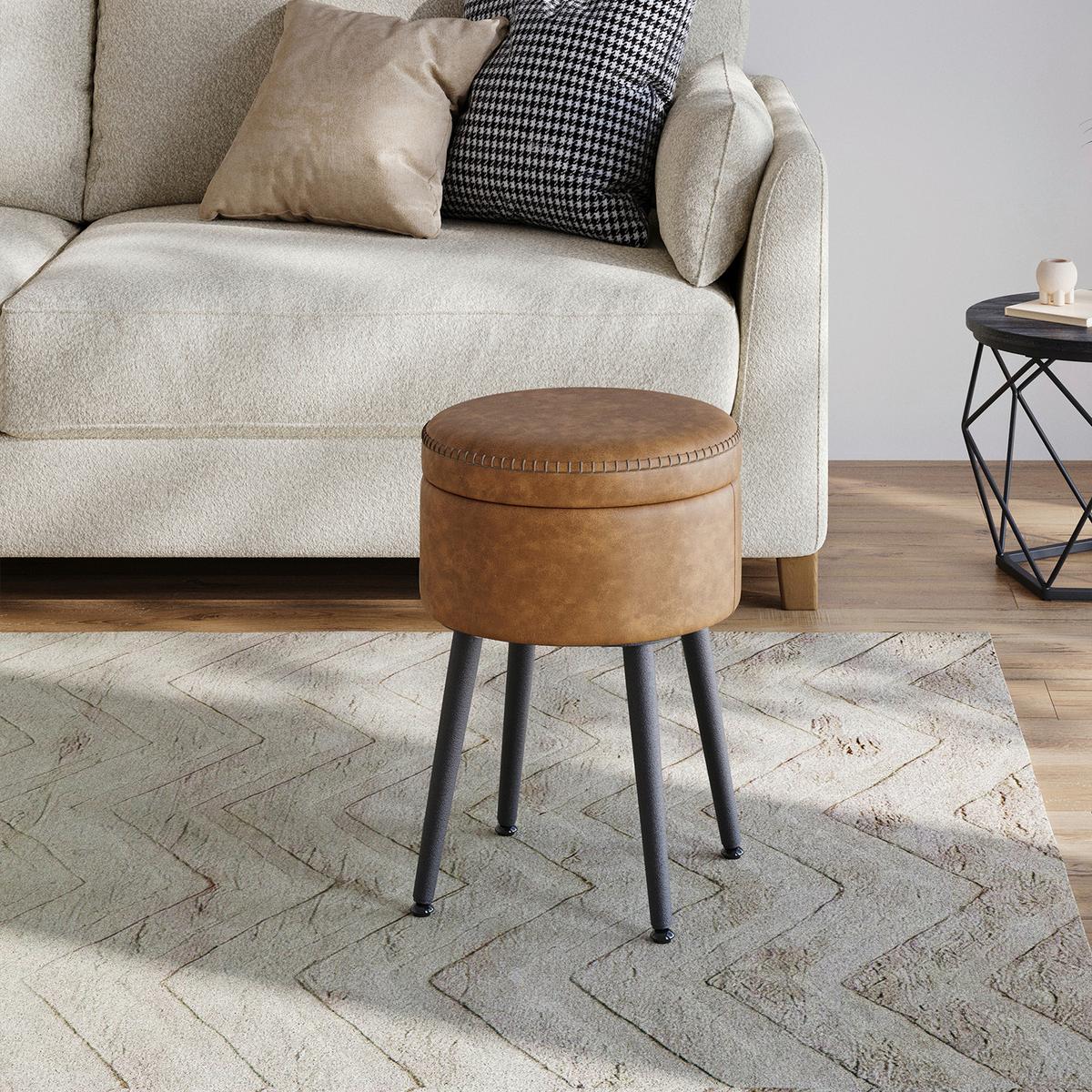 Hocker in Cognac/Schwarz aus Metall, Lederlook - Cognac/Creme, Trend, Holzwerkstoff/Textil (32/44/32cm) - MID.YOU