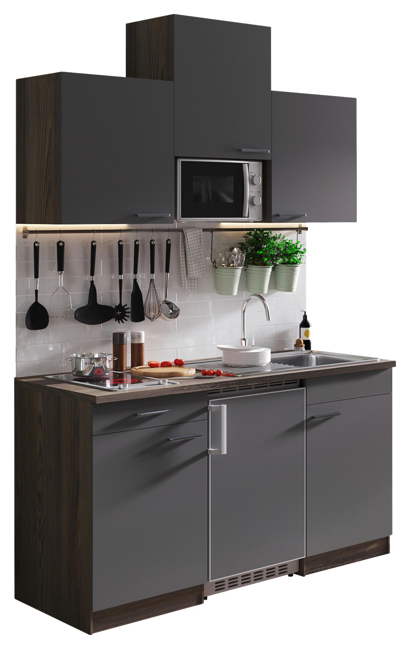 Miniküche Oliver mit Geräten ca. 150 cm Grau - Eichefarben/Alufarben, Basics, Holzwerkstoff/Kunststoff (150cm) - Respekta