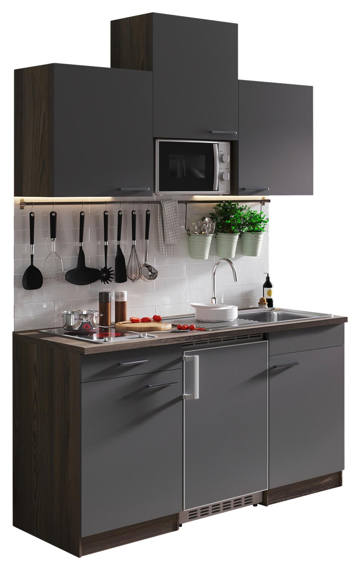 Miniküche Oliver mit Geräten ca. 150 cm Grau - Eichefarben/Alufarben, Basics, Holzwerkstoff/Kunststoff (150cm) - Respekta