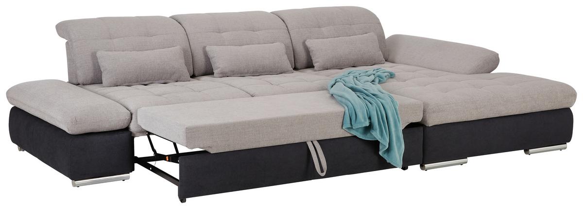 Ecksofa in Grau mit Bettfunktion - Chromfarben/Dunkelgrau, Konventionell, Holz/Textil (305/96/187cm) - Premium Living