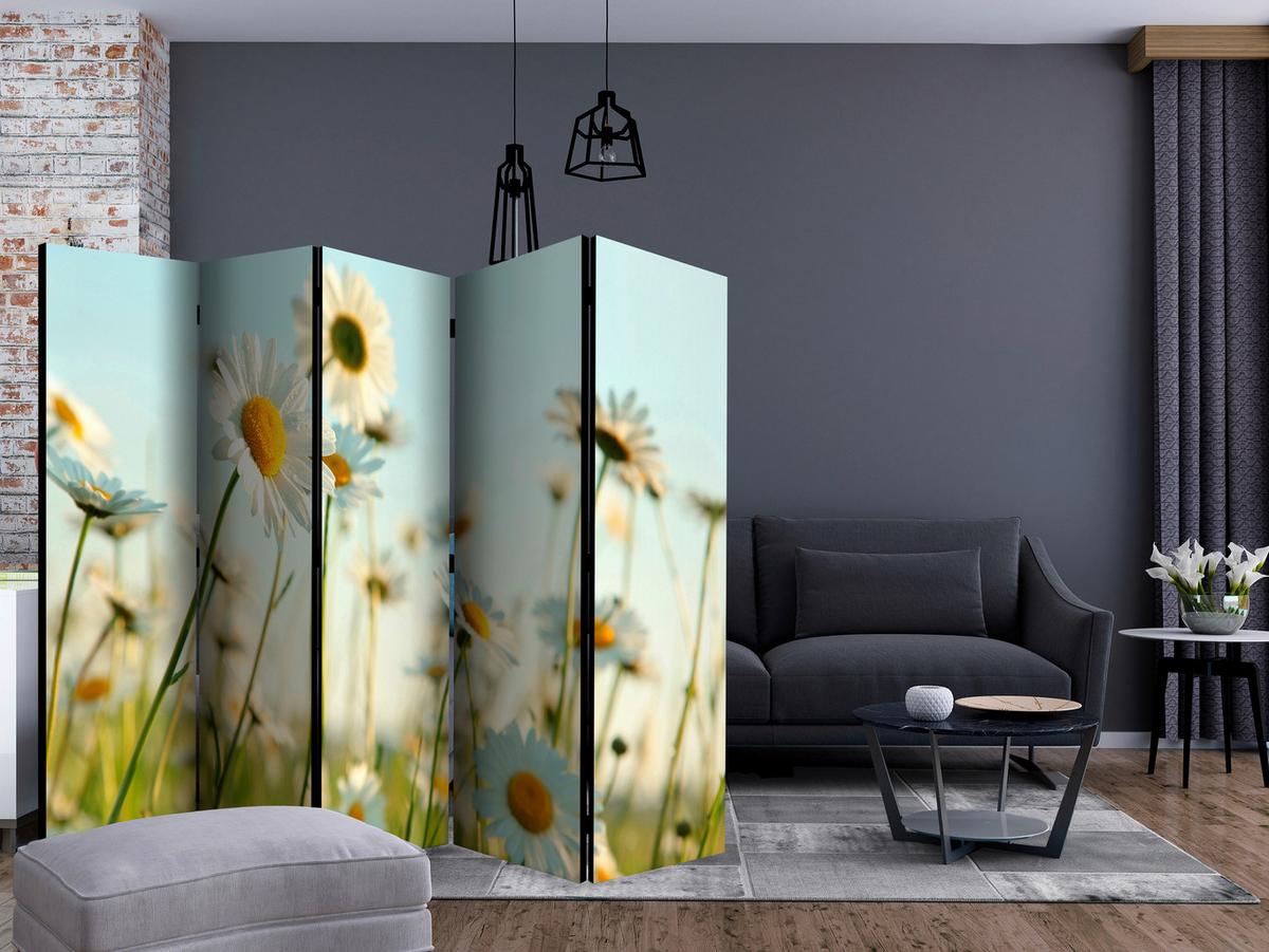 Paravan Daisies I, 5-Delni, Dvostranski - pastelno modra/zelena, Basics, tekstil/les (225/172/3cm) - artgeist