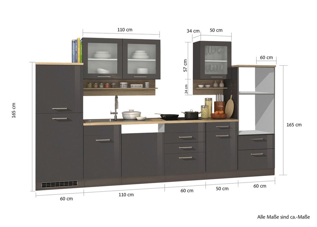 Küchenleerblock Mailand o. Geräte Graphitfarben - Silberfarben/Graphitfarben, MODERN, Glas/Holzwerkstoff (340cm) - Held