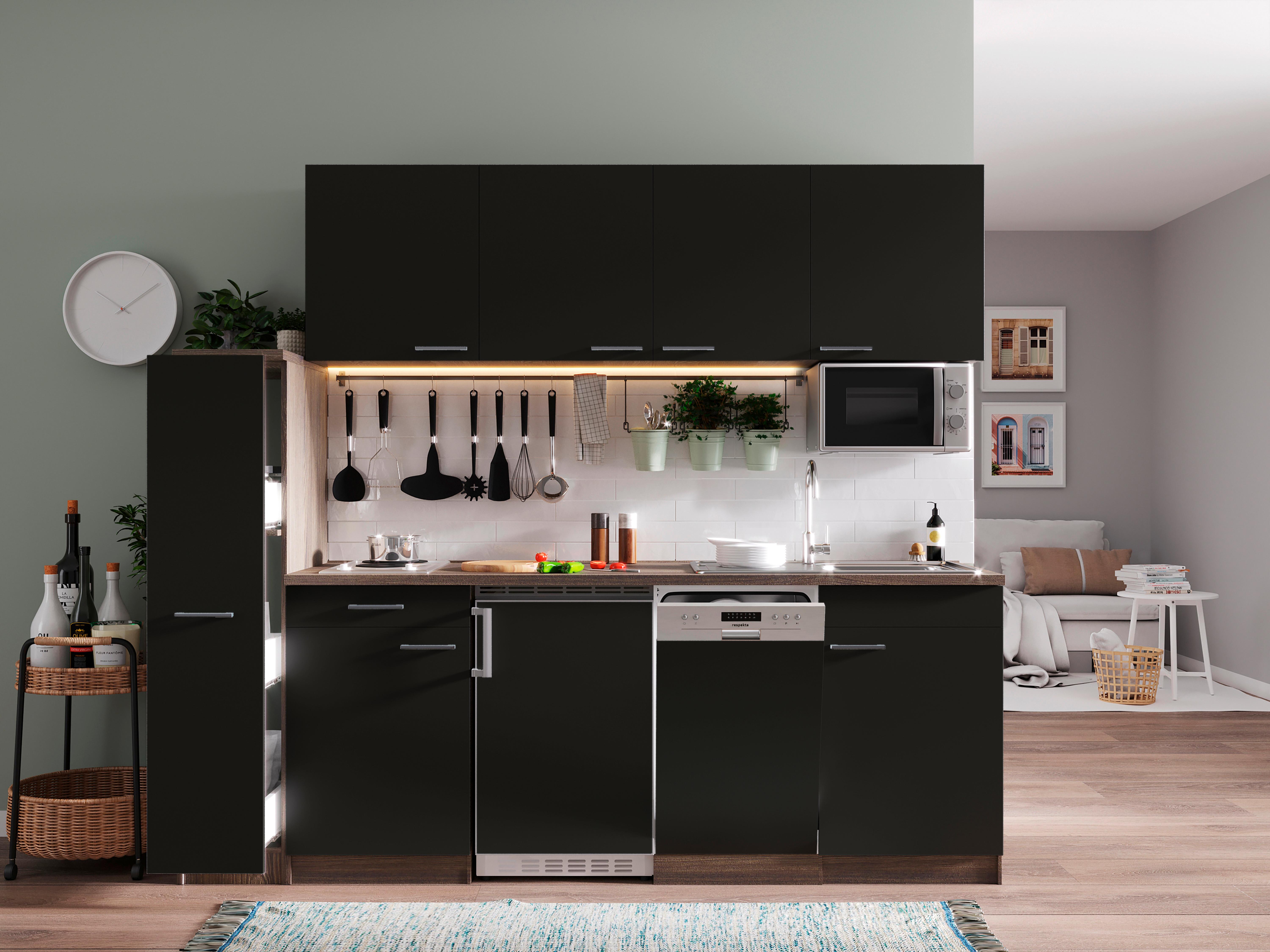 Küchenblock Oliver mit Geräten ca. 225 cm Schwarz - Eichefarben/Schwarz, Basics, Holzwerkstoff/Kunststoff (225cm) - Respekta