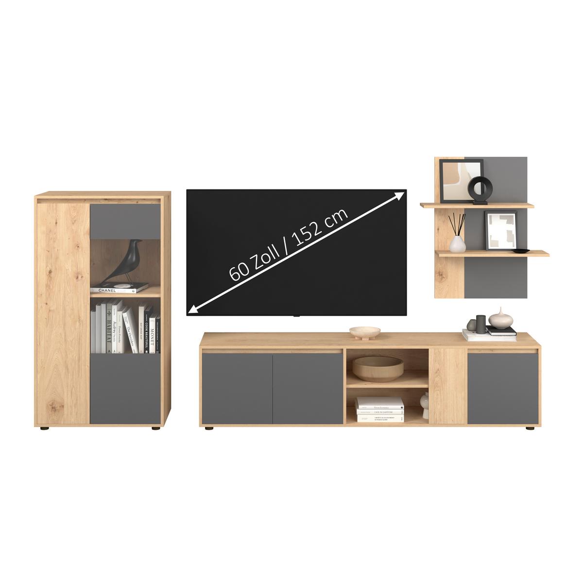 Dnevni Regal Caneva, Barva Hrasta, Antracit, 2-Delni - črna/antracit, Moderno, umetna masa/steklo (267,5/135/40cm) - Modern Living