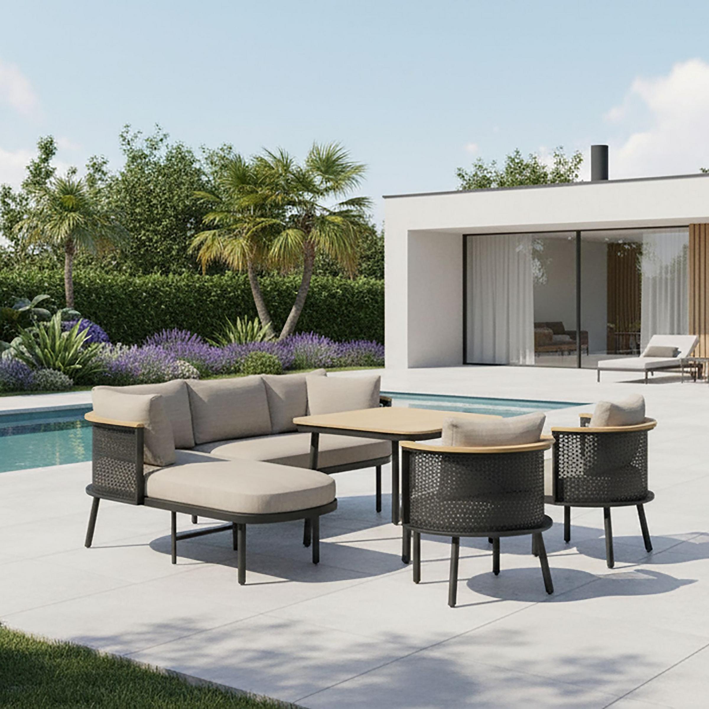 Dining-Loungeset Lissa Beige Outdoorstoff/Metall/Polywood
