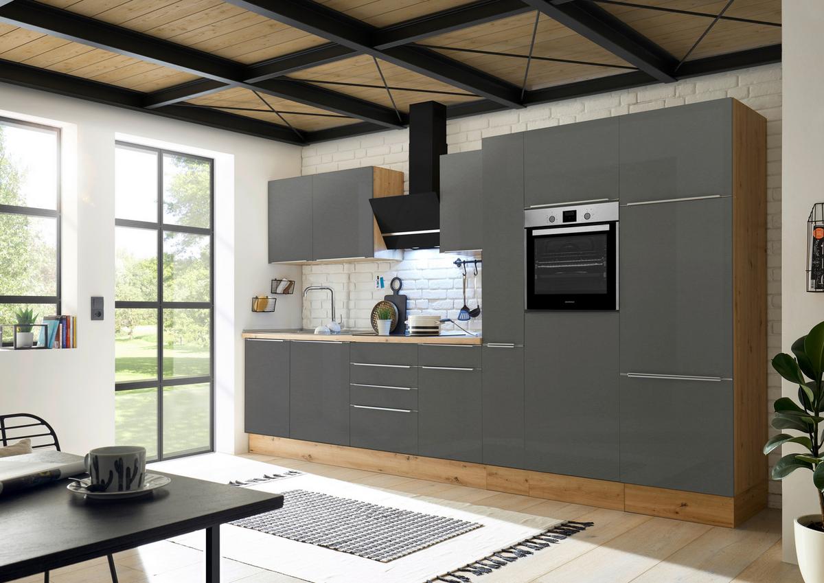 Küchenblock Marleen m. Geräten Grau B: ca. 370 cm - Anthrazit/Alufarben, LIFESTYLE, Holzwerkstoff/Kunststoff (370cm) - Respekta