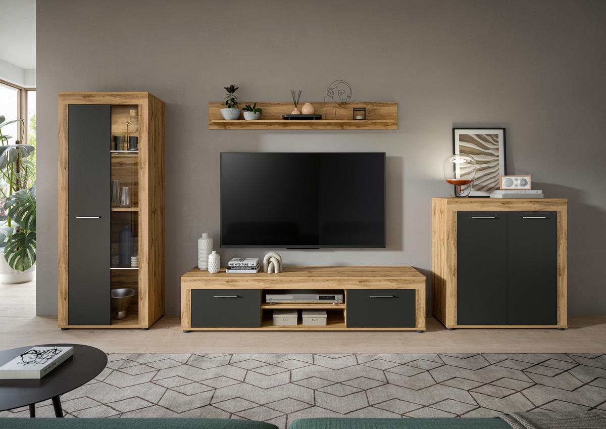 ANSAMBLU MOBILIER CAMERA DE Z JAM - antracit/stejar Wotan, Design, sticlă/material pe bază de lemn (330/159/35cm) - Modern Living